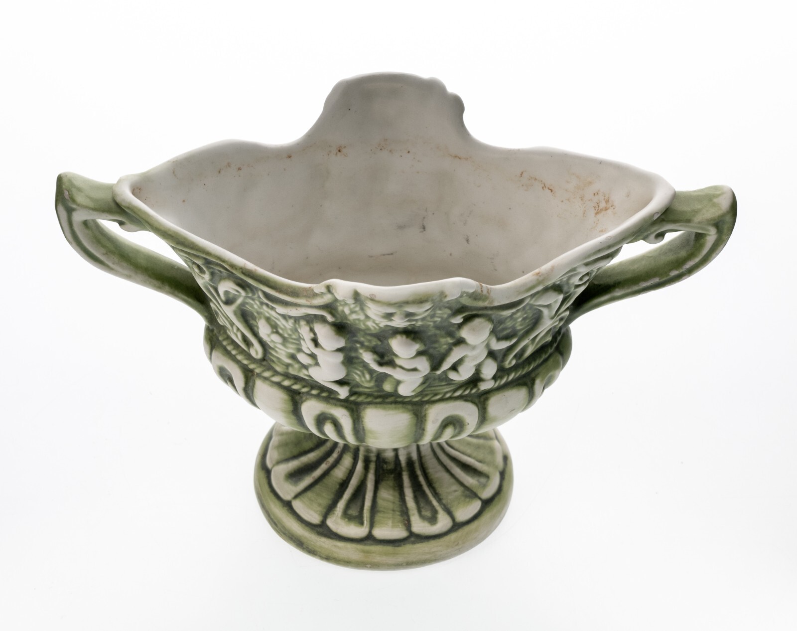 Capodimonte Relief Vase Early-Mid Century Cherubs Green Small 1lbs 6×8.5in Rare