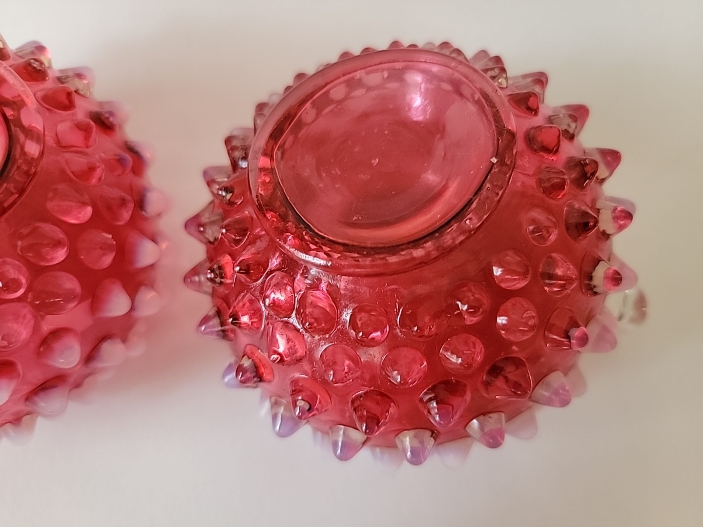 2 Vintage Fenton Cranberry Hobnail Opalescent Candlestick Holders Finger Loop