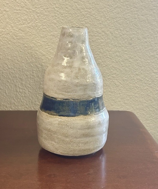 Vintage MCM Signed Textural Studio Art Pottery Beige Earth Tone with Blue Band