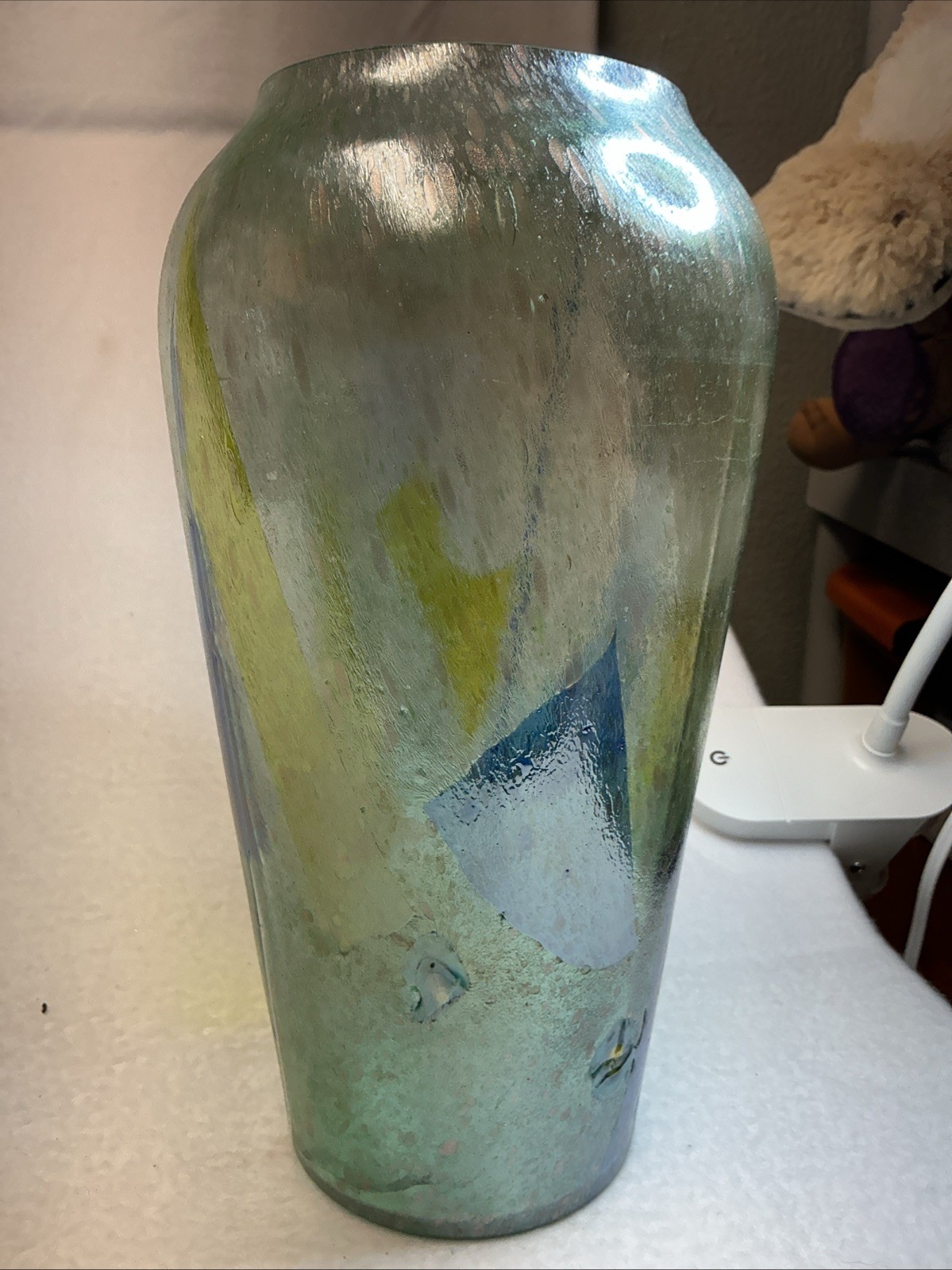 Mod Art Dichroic Glass Vase 10.5″H by CHROMA Collection Blue Yellow Seeded 12 .