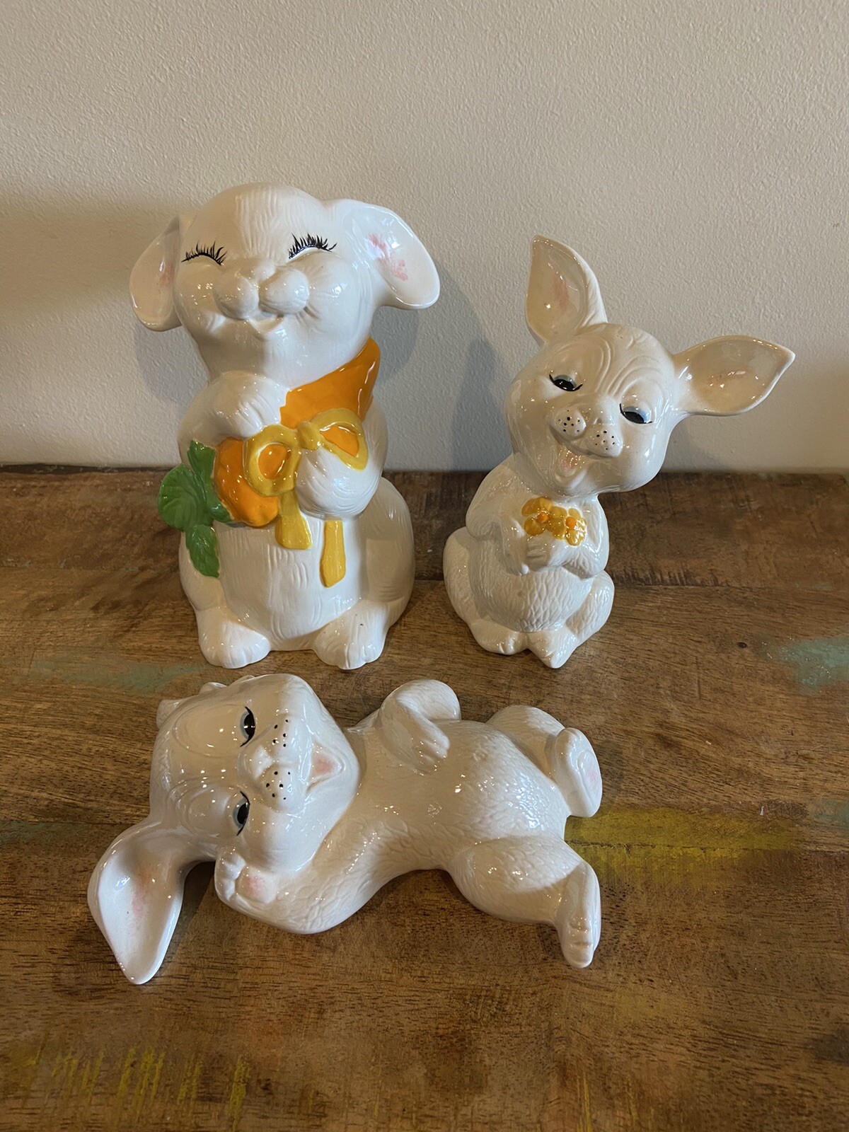 Vintage Whimsical Art Pottery Happy Ceramic Bunnies Rabbits Figures Easter