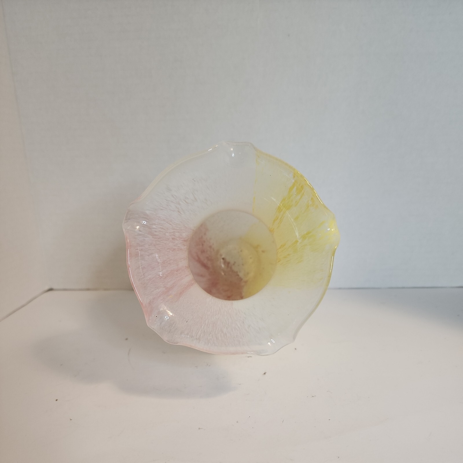 Crystal Clear Italian Glass Vase Pink, Yellow, White Swirl Hand Blown Ruffle Top