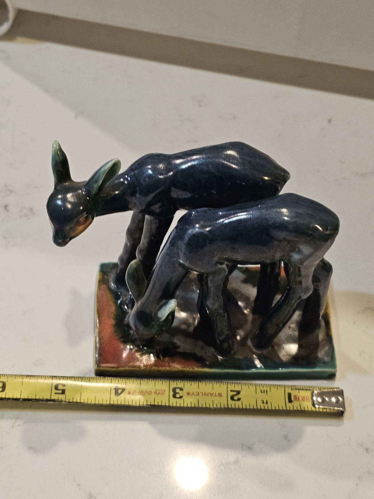 Blue Mountain Pottery? Deer & Fawn In Syream Blue Green Drip Glaze MCM