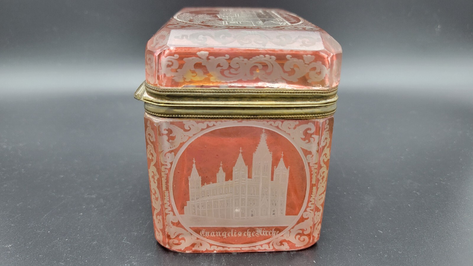 Antique 19th Century Austrian Hinged Lid Red Engraved Glass Trinket Jewelry Box