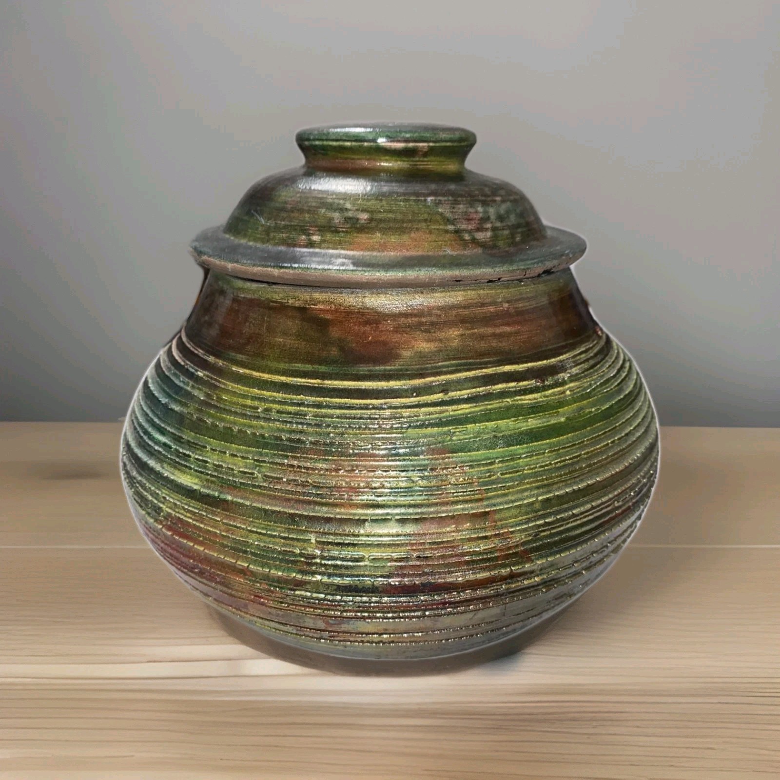 Vtg Raku Fine Art Pottery Lided Vase/Jar, Metallic Iridescent,Textured Signed KS