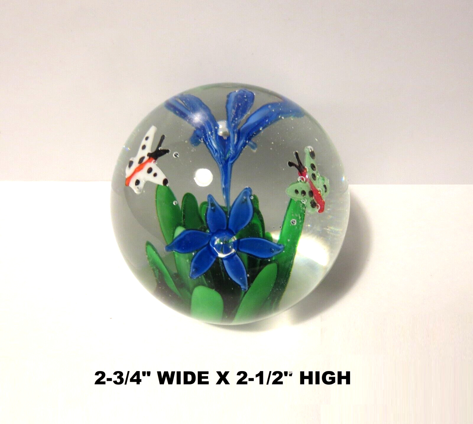 LOW PRICE! “BLUE FLOWERS BUTTERFLIES BUBBLES” BLOWN ART GLASS PAPERWEIGHT 2-3/4″