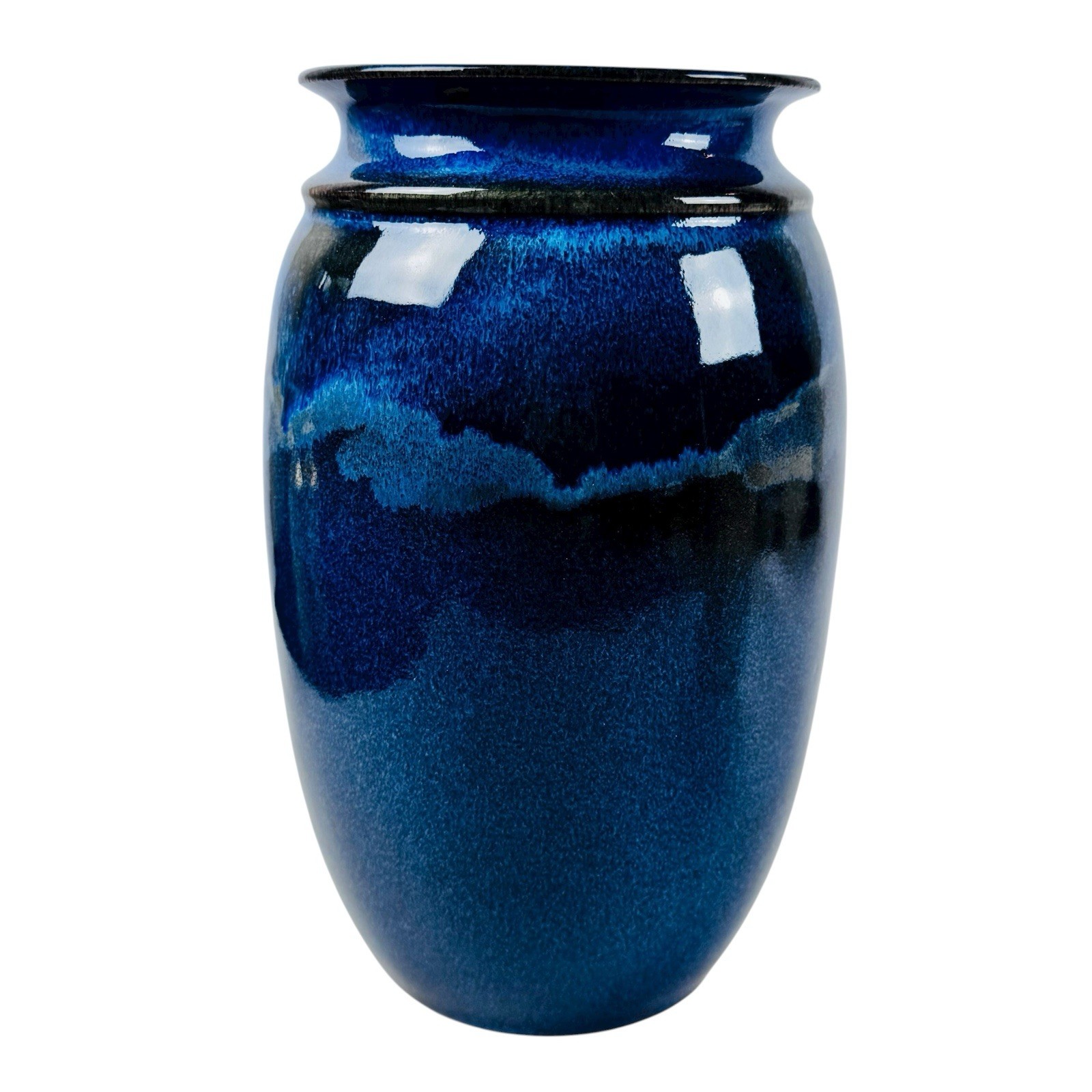 Signed Studio Pottery Vase – Blue Drip Glaze Handmade Ceramic Art Pot – 8” Tall