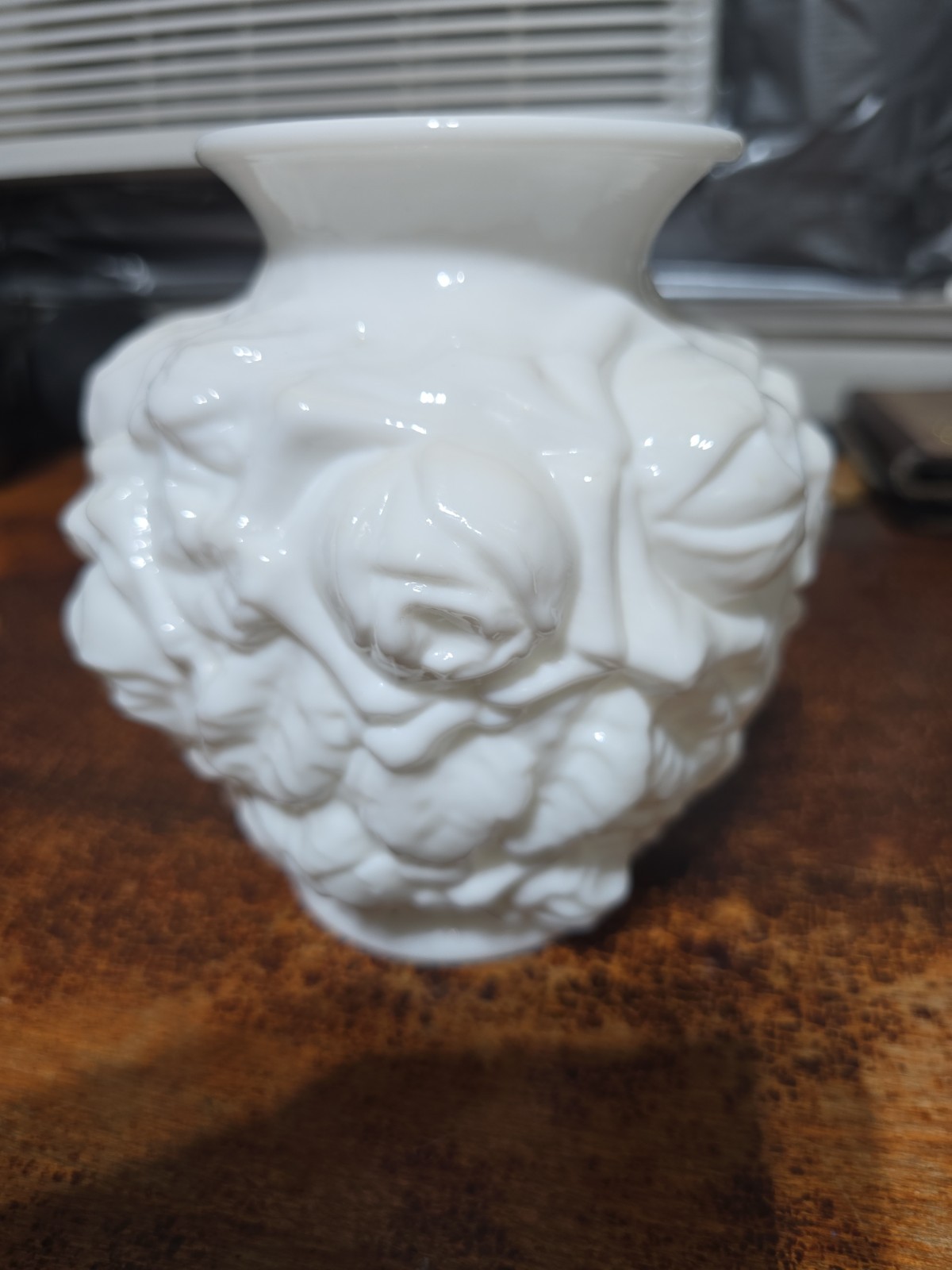 Vintage Imperial Milk Glass Roses Vase 6.5in Tall 6in Diameter