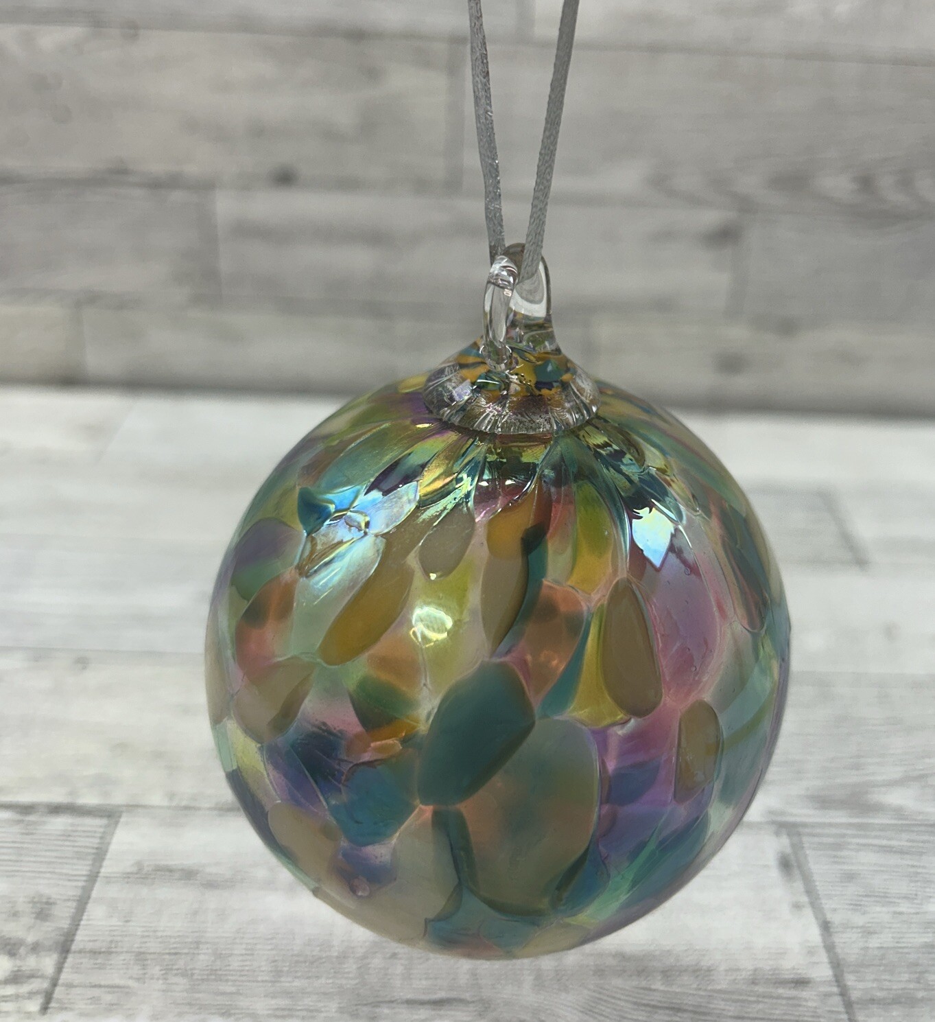 Hand Blown Art Glass Gazing Ball Blue Orange Iridescent 3.5″Ornament Sun Catcher