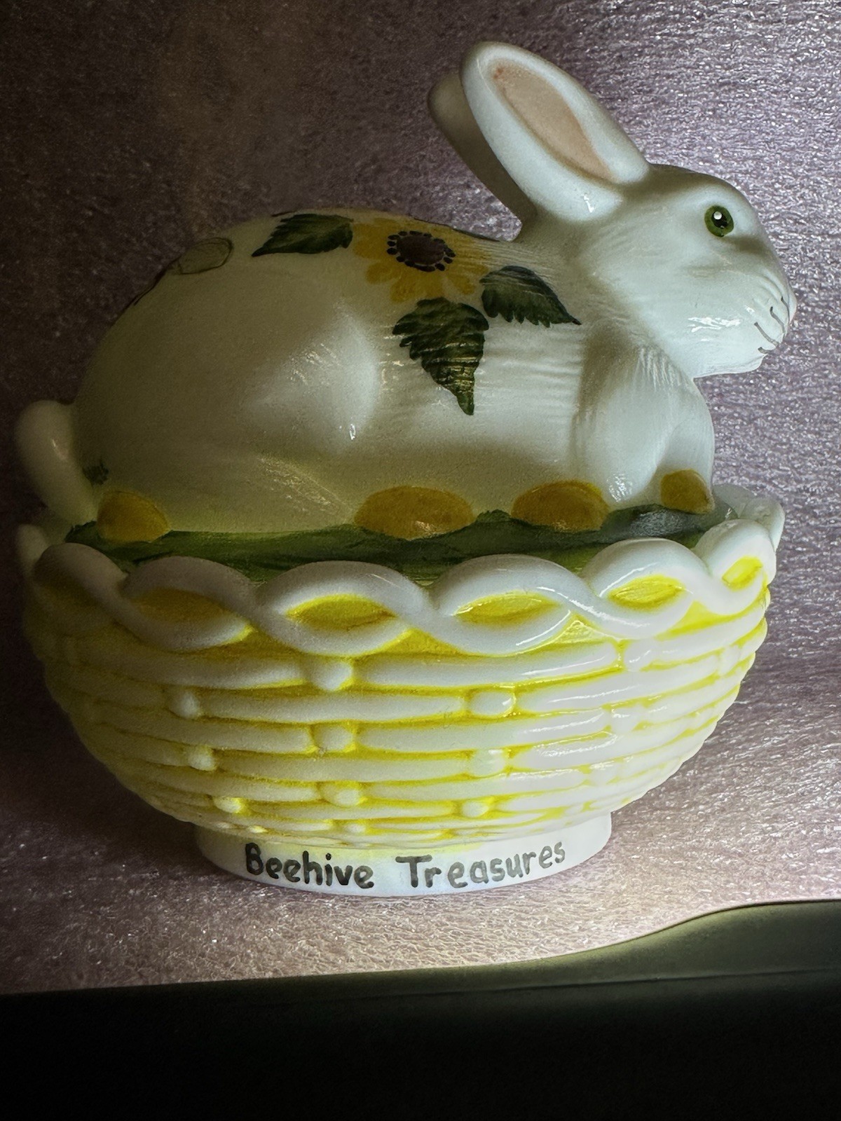 Mosser Glass Bunny on Basket Nest Hand-Painted Bee 🐝 Spring Flowers Signed