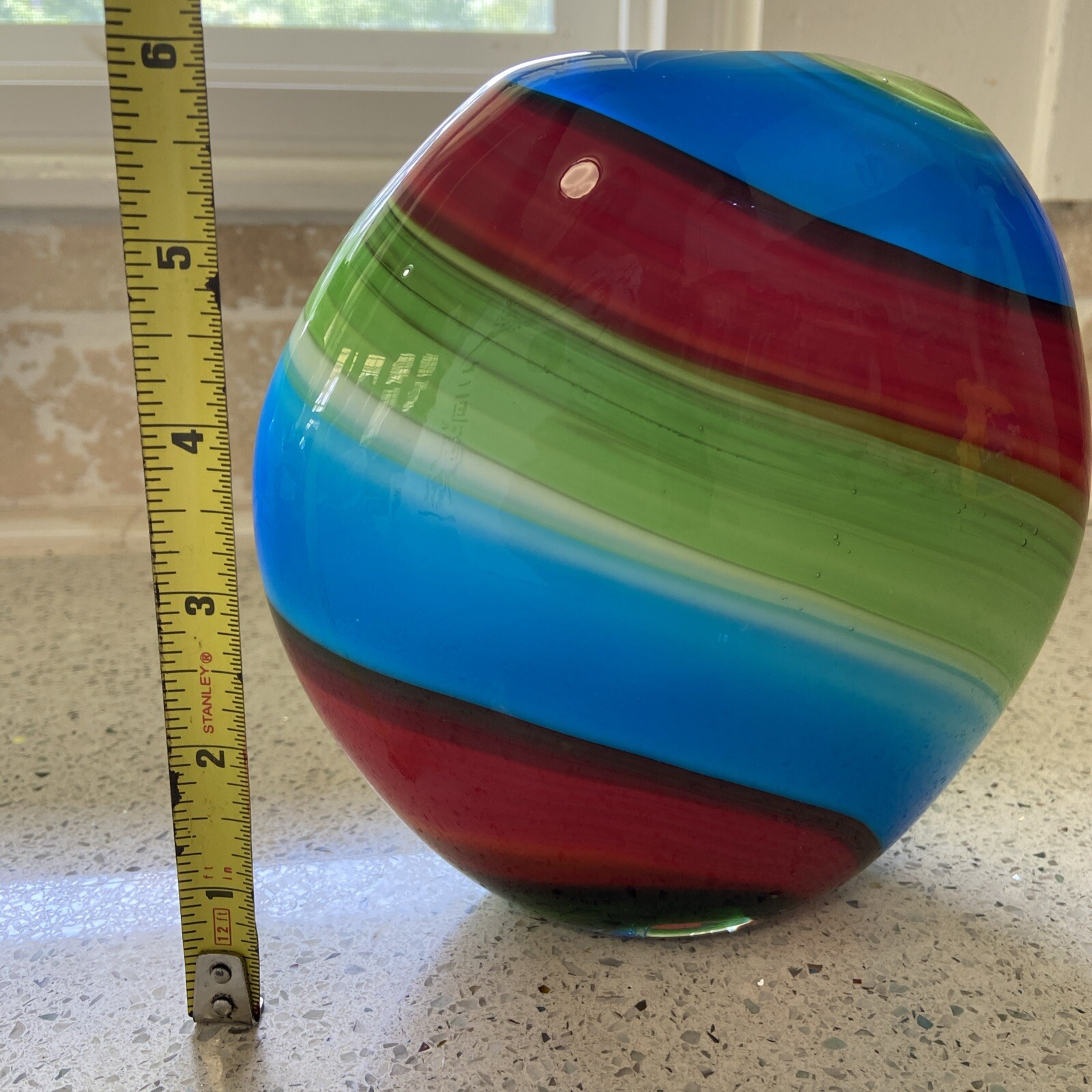 Murano Hand Blown Blue Red Cased Colorful Swirl Art Glass Multicolor 6 Inches