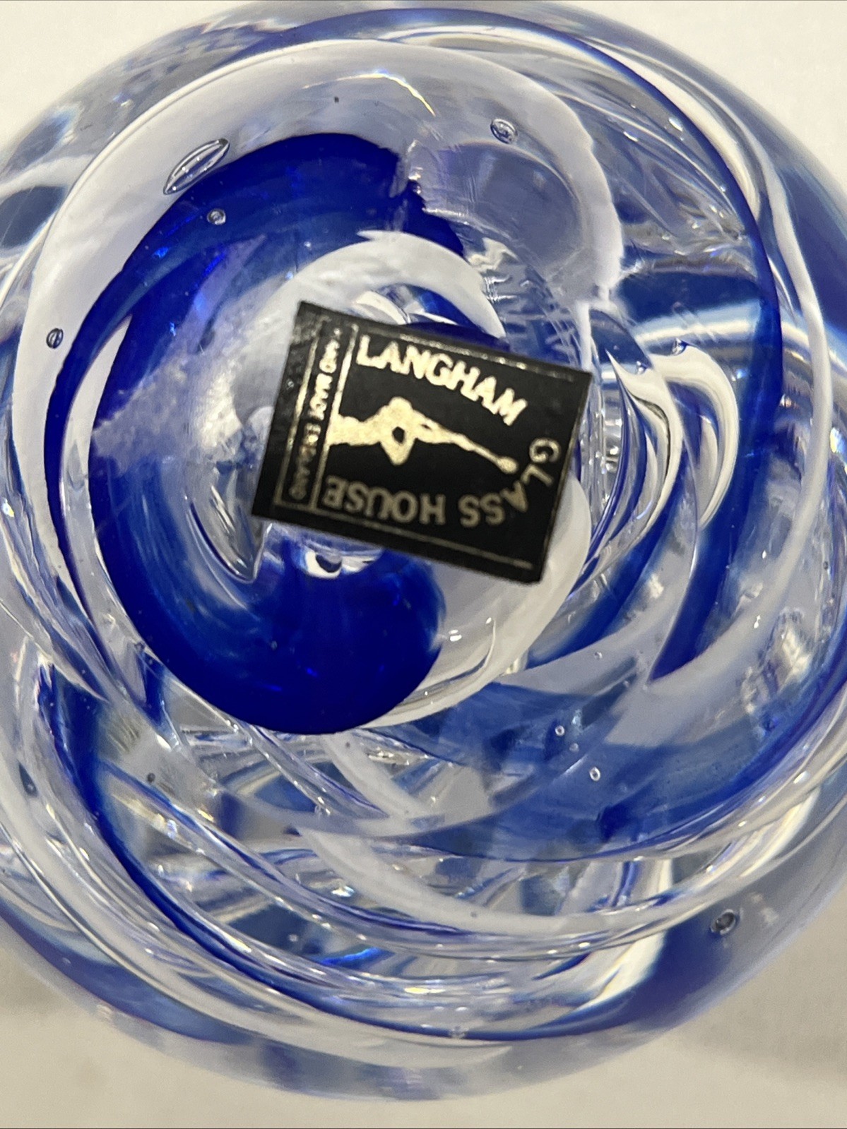 Glass Paperweight- Blue-White-Clear Swirls-Langham England Glass House