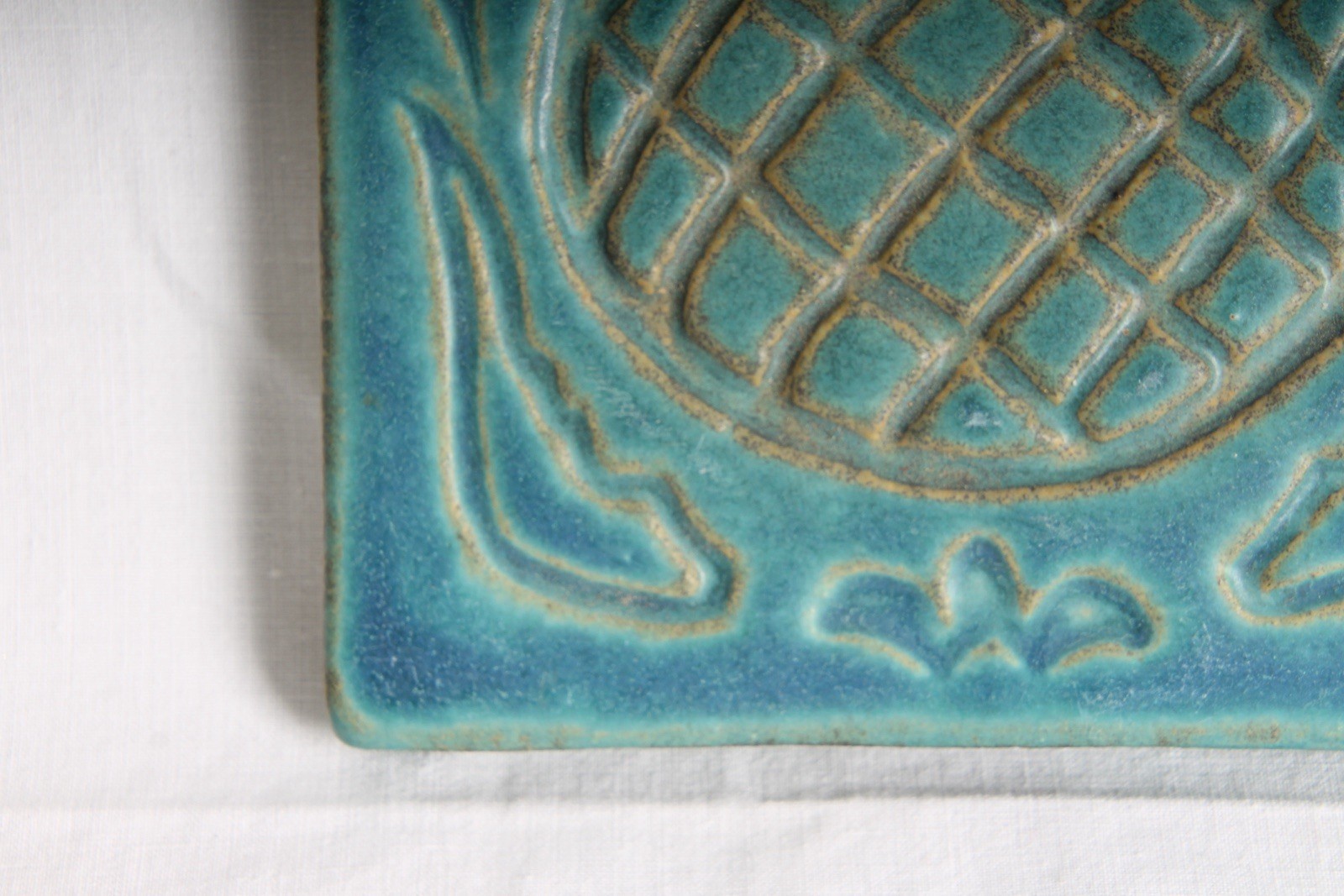 Pewabic Pottery Detroit 1996 Turquoise Artichoke Tile MCM Wall Art 6”x6”