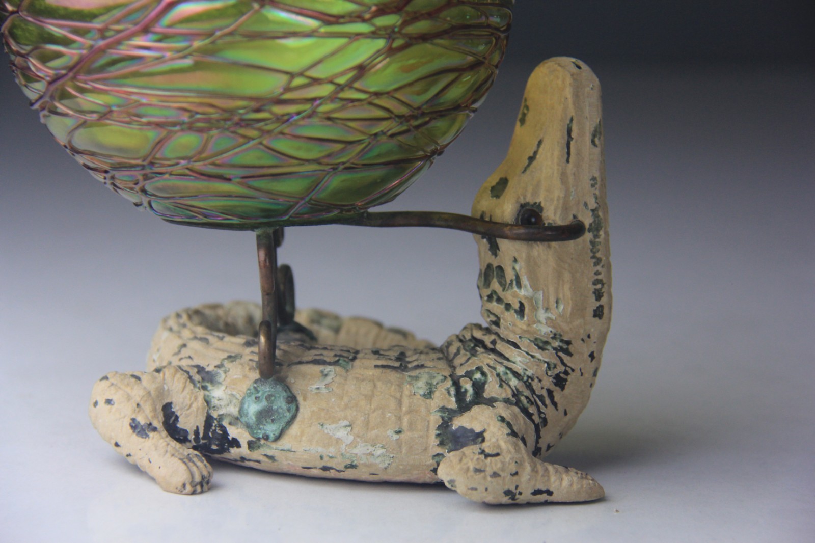 Kralik Veined Green Iridescent Vase Mounted on Unique Alligator Base Rare!!!