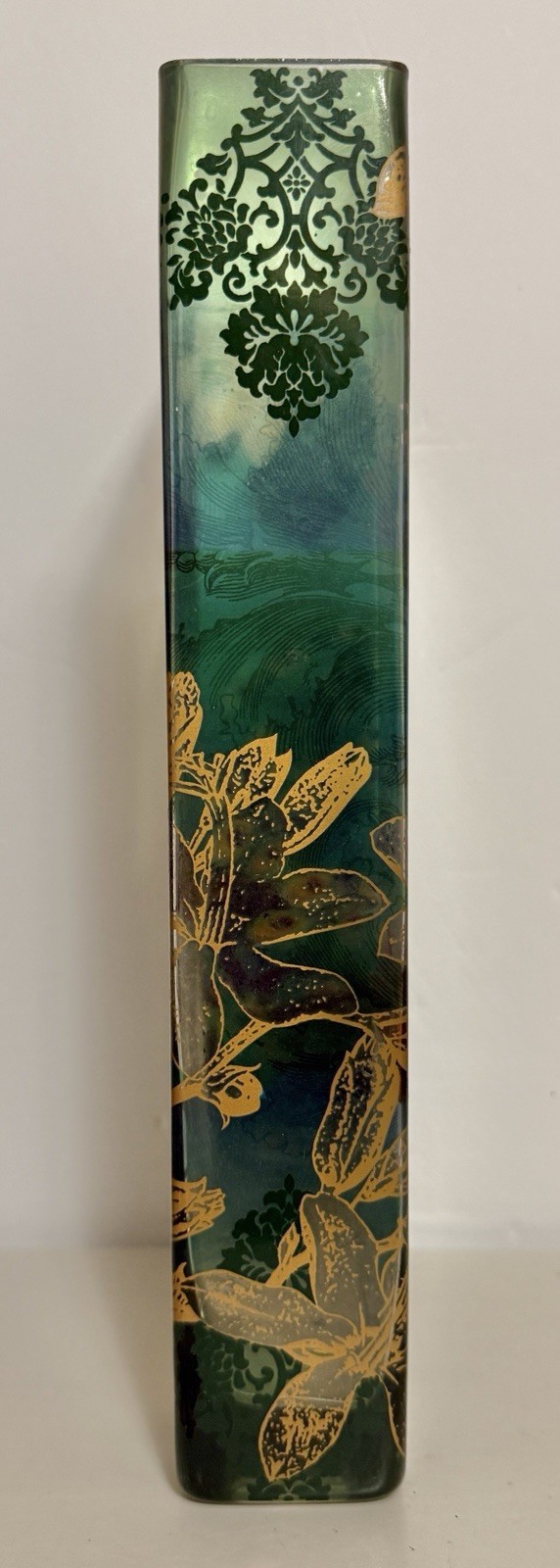 Vintage Peacock With Flowers Heavy Glass Table Top Vase 11 5/8″ H X 6 1/8″ W