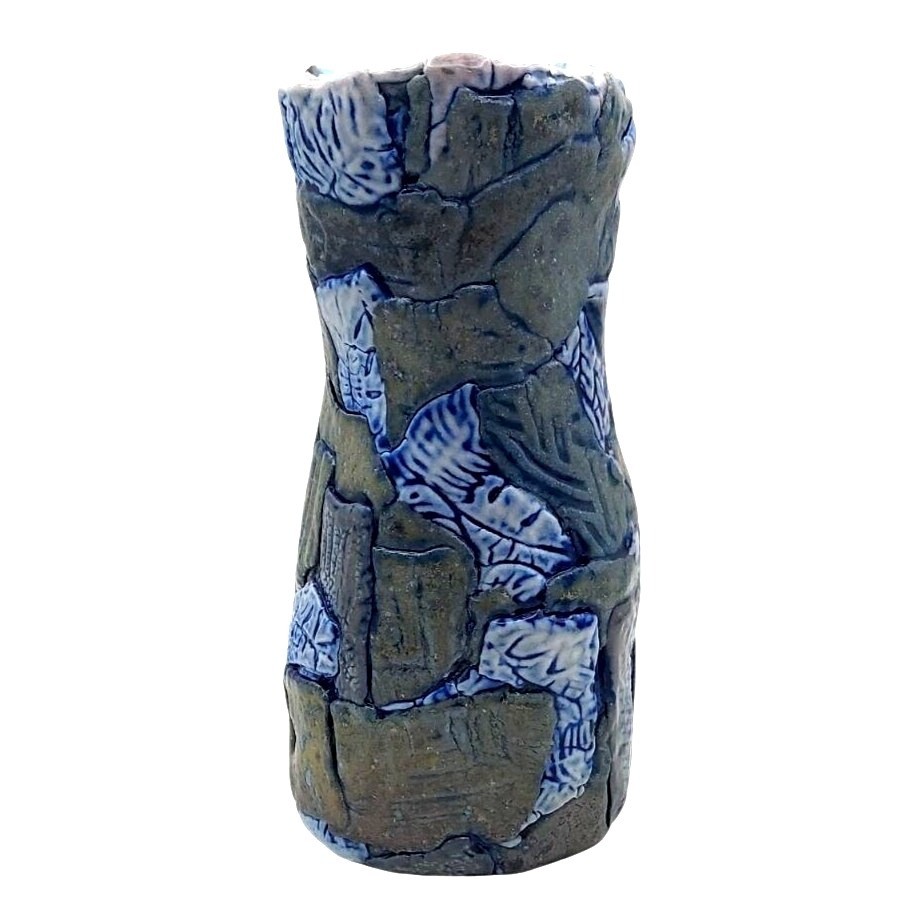 Patchwork Folk Art Pottery Vase Hand Thrown Textured Stoneware Vintage Rustic