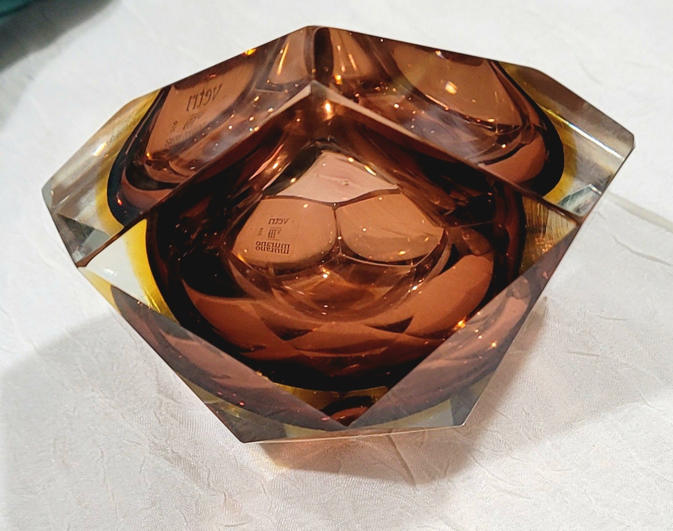 Vintage Murano Faceted Sommerso Ashtray Amber Clear – Seguso Flavio Poli Style –