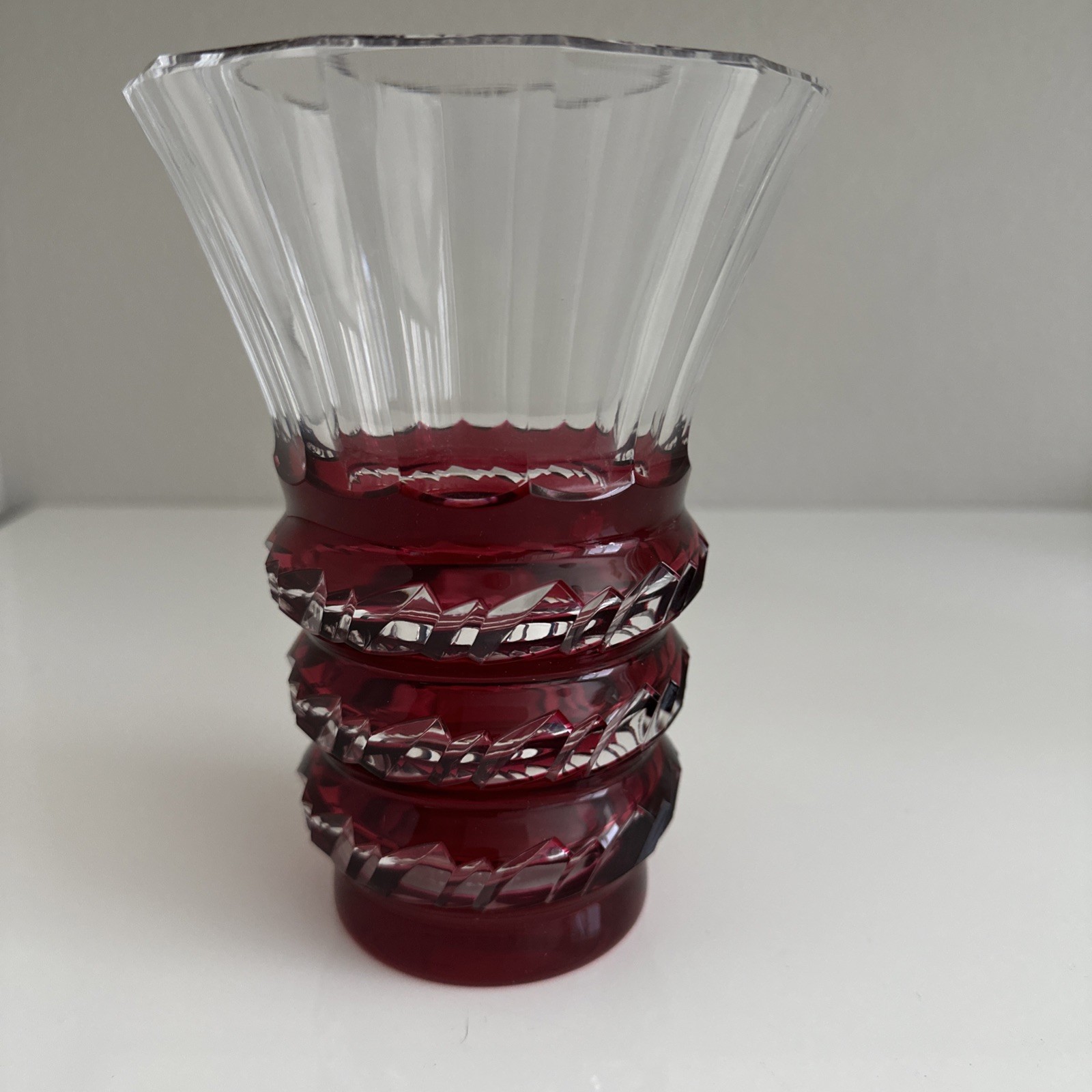 Val St Lambert Red Cut-to-Clear Crystal Vase 6.5 ” Signed Belgian Diamond