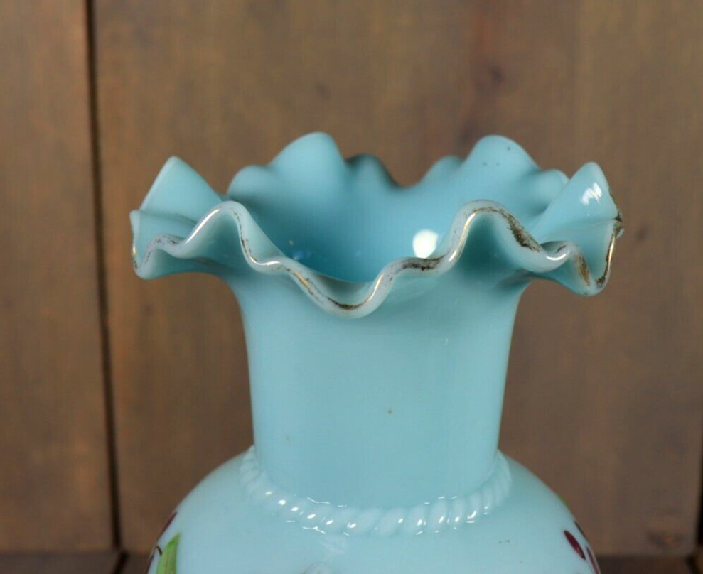 Antique French Blue Opaline Vase Glass Enameled Bird Victorian -Ships DDP to USA