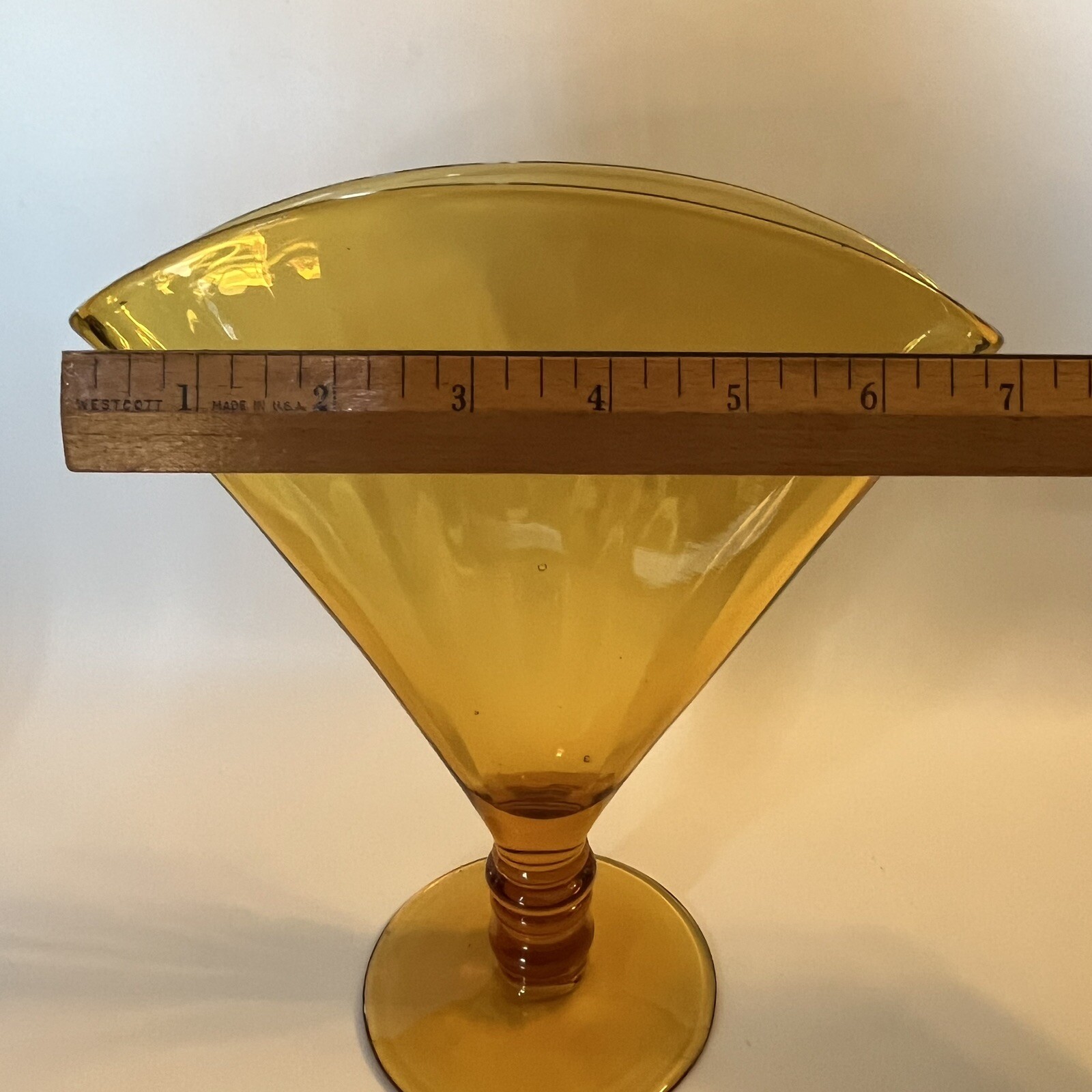 Vintage Amber Glass Fan Vase Optic Ribbed 8.5″ H x 7 L x 1.25″ W 3.75″ D Base