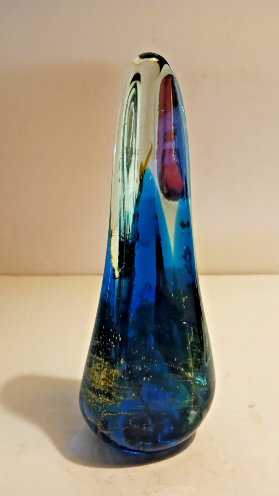 Vintage Mdina Glass Blue Green & White Obelisk Paperweight 7 3/4″