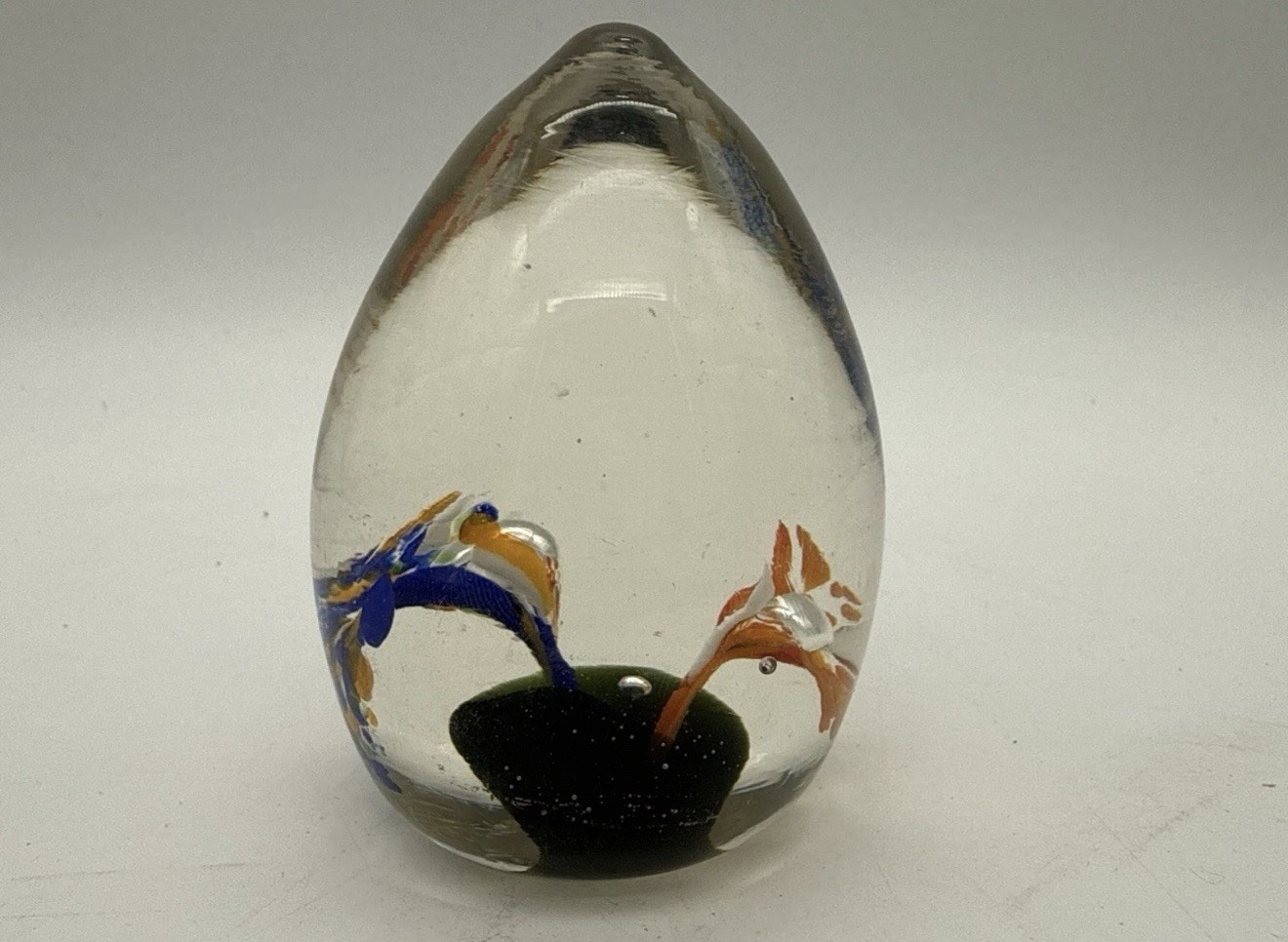 Art Glass Egg Shaped Paperweight Orange Blue White Flowers