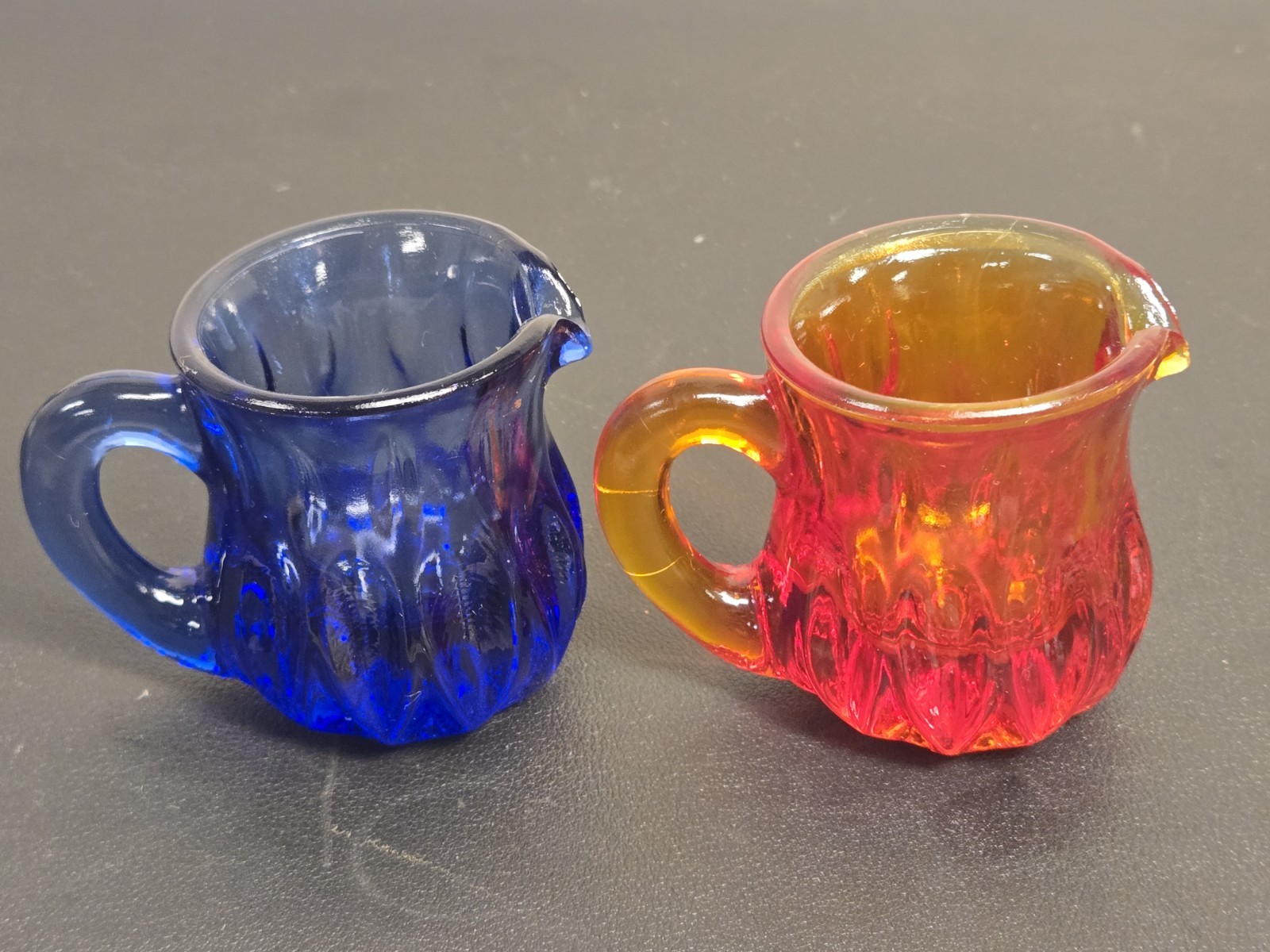 (2) DEGENHART BLUE COBALT AND AMBERINA MINI CREAMER PITCHER TOOTHPICK HOLDER