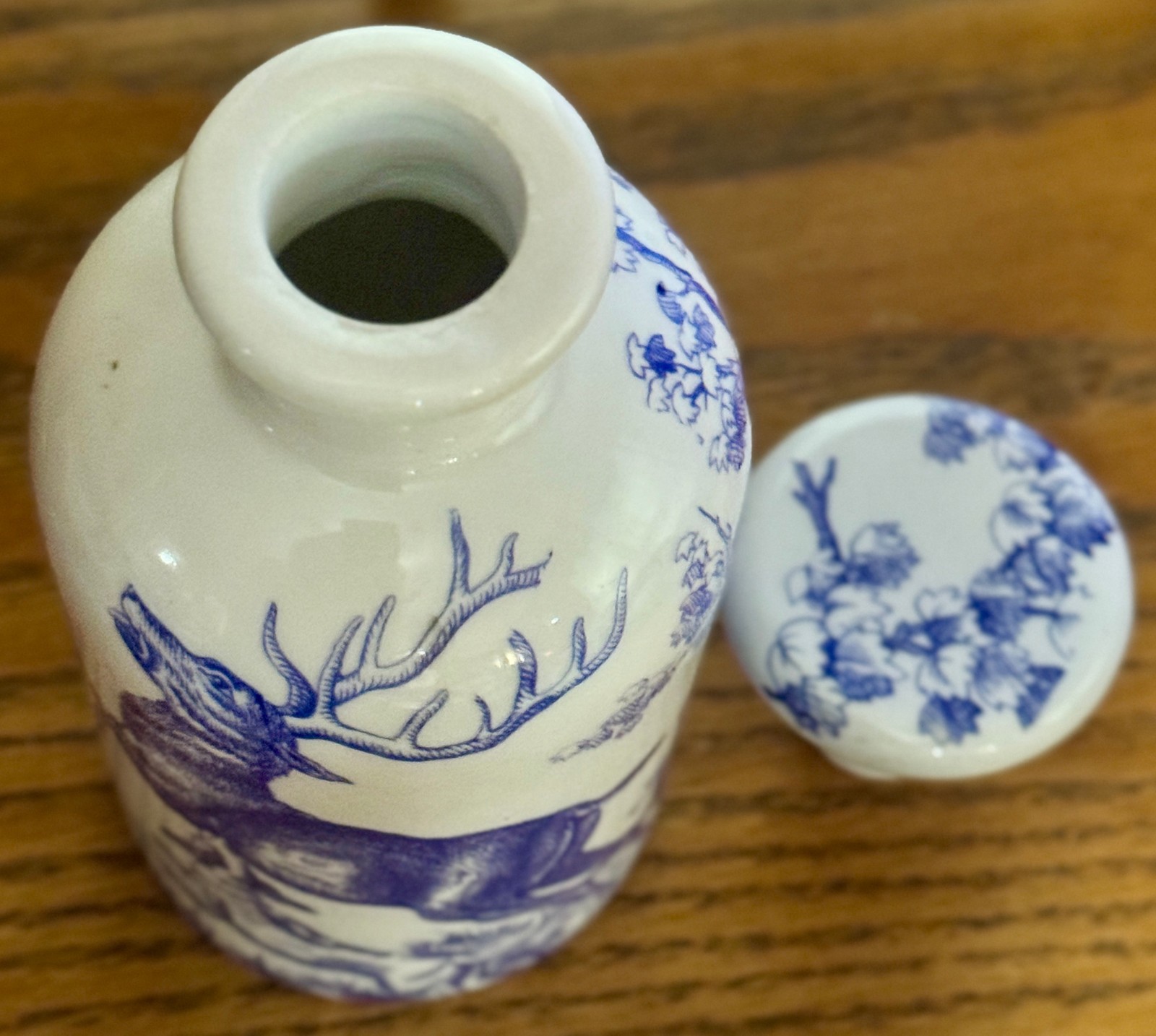 Vintage Porcelaine de Paris France Stag Hunt Blue White Porcelain Bottle Label