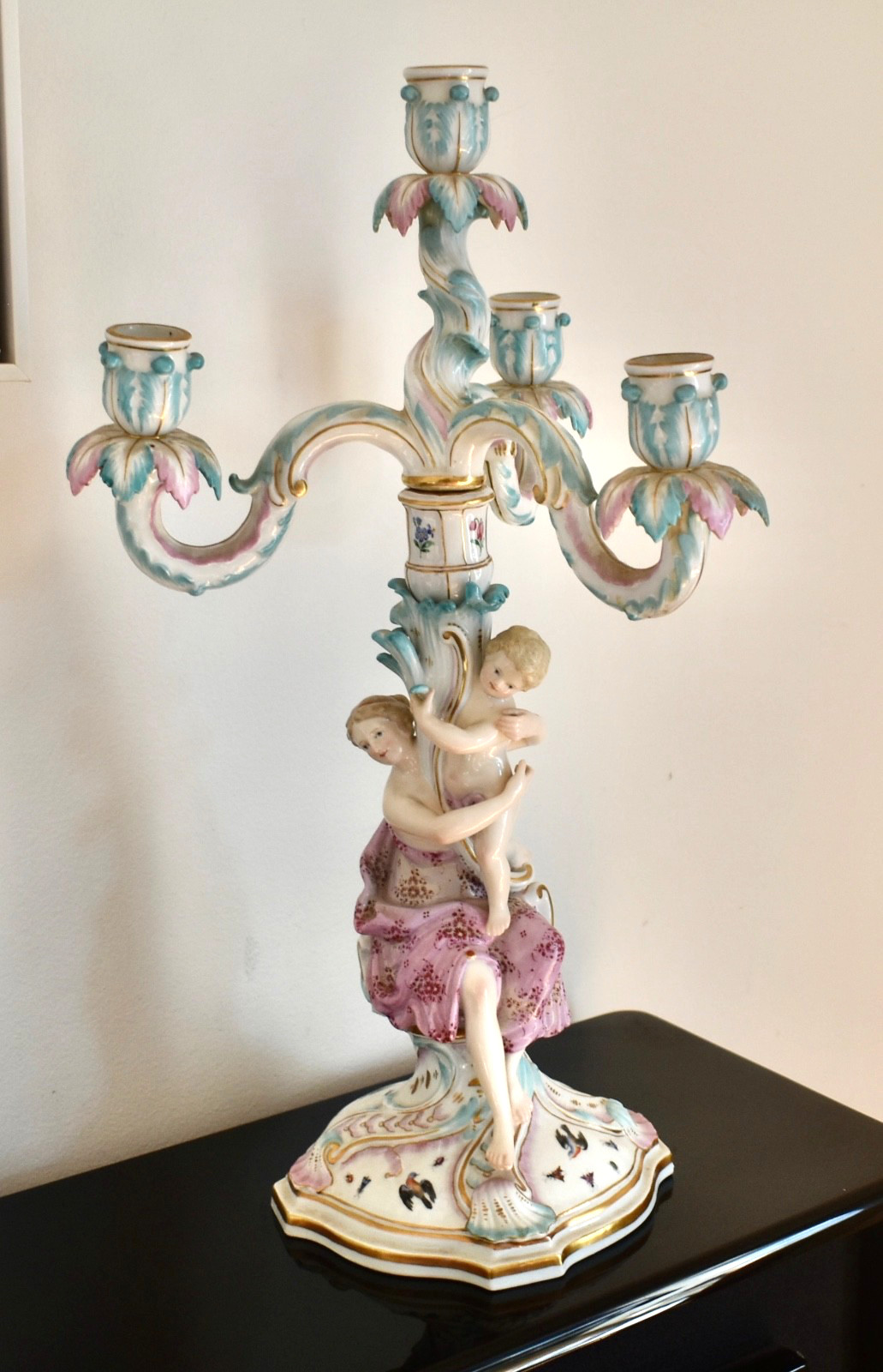 Stunning Antique 1800’s MEISSEN H/Ptd 46Cm 3 Branch Candelabra Goddess & Cherub
