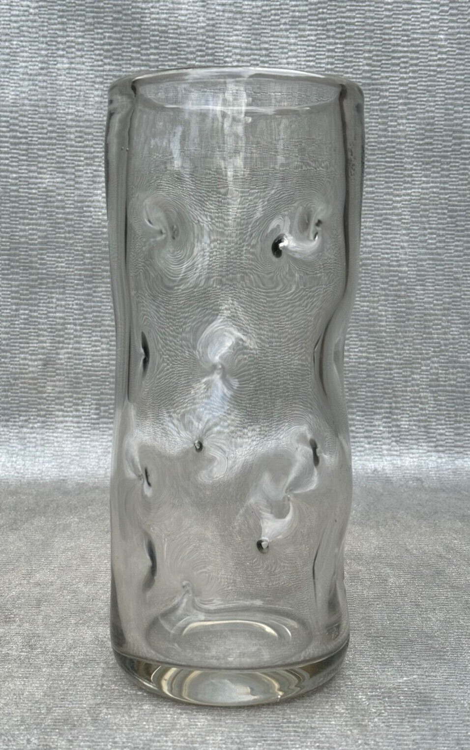EXOTIC MID CENTURY HEAVY CLEAR ART GLASS VASE CURVED BENT DIMPLED DEPRESSIONS