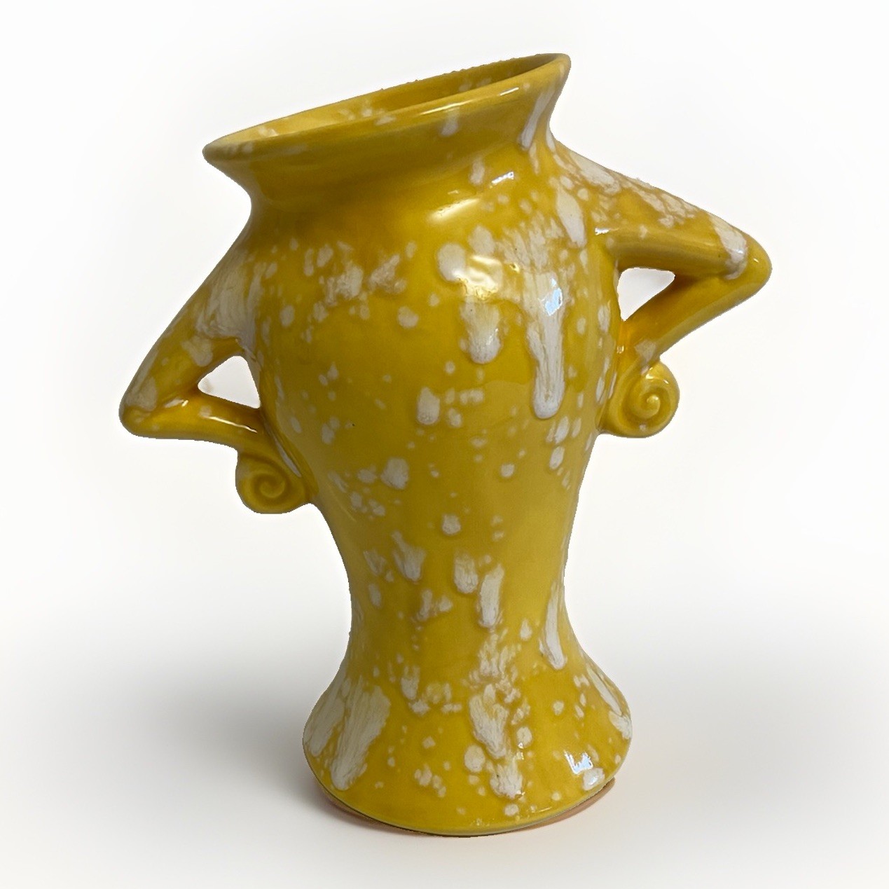 Yellow White Drip Glaze Ceramic Tilted Attitude Vase Handles Vintage 8″