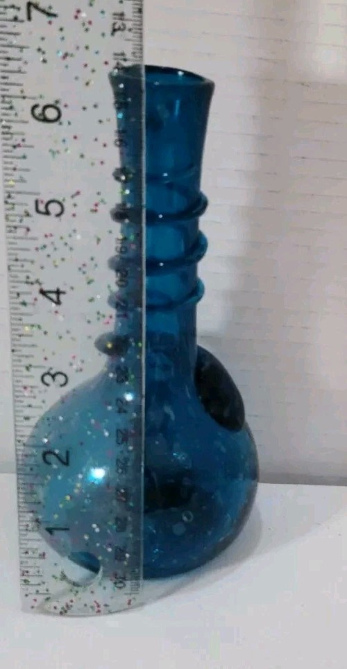 VTG Turquoise Art Glass Vase Egyptian Handblown Bud Vase w Applied Accents