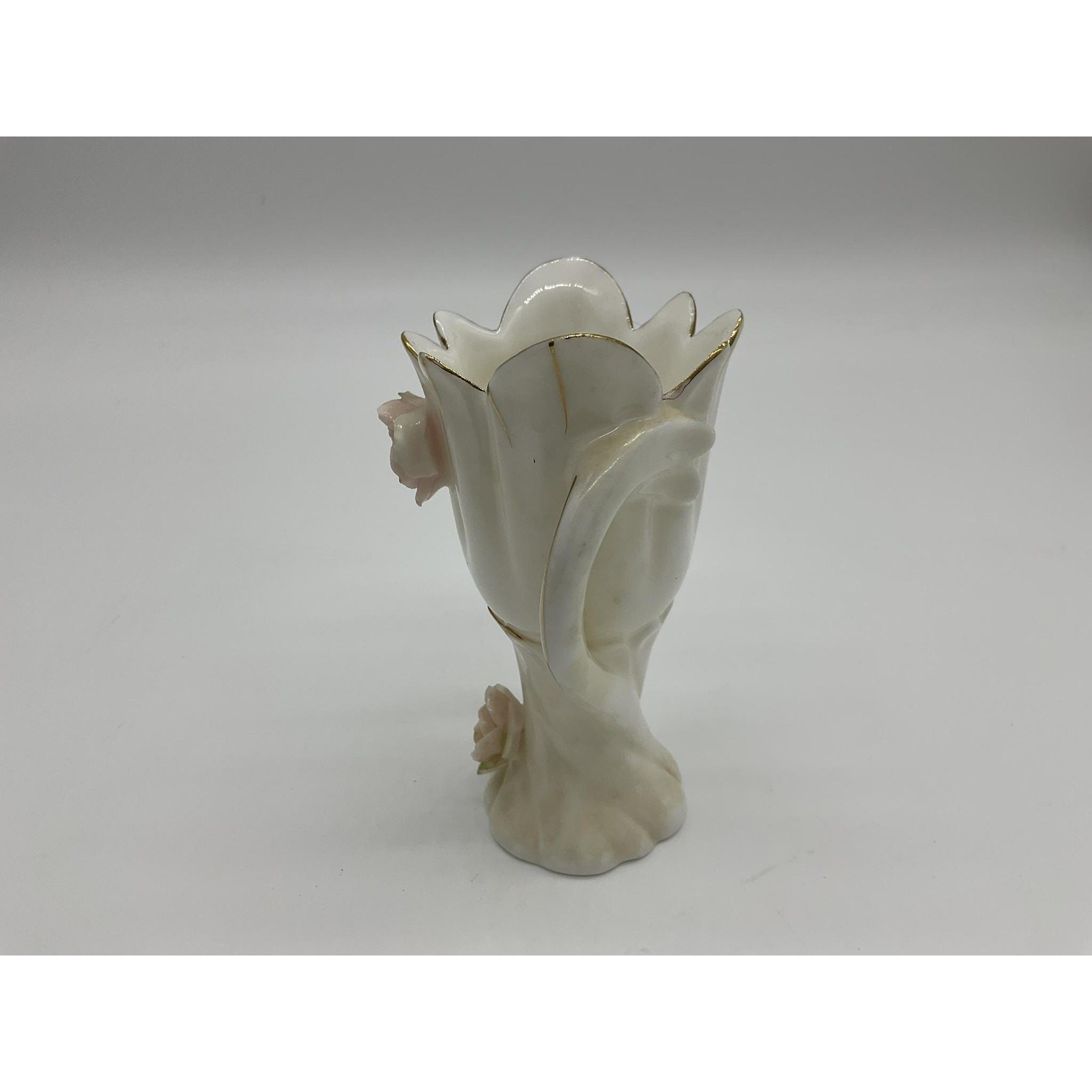 Vintage White Porcelain Bud Vase Pink Rose Flowers Double Handles Japan Decor