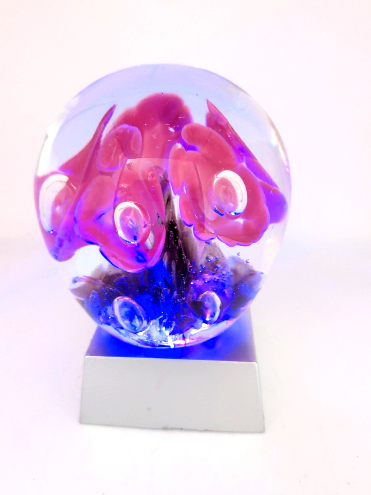 VTG 83 Maude&Bob St Clair Art Glass Paperweight Pink Trumpet Flower LIGHTED BASE