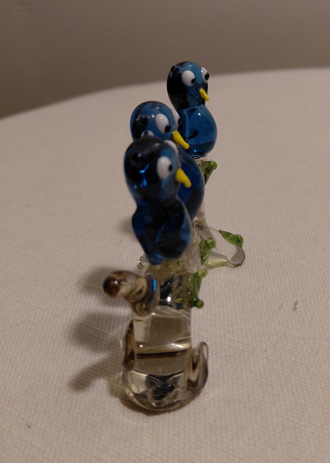 Vtg Hand Blown Art Glass Owls Perched On A Branch Blue Flamework