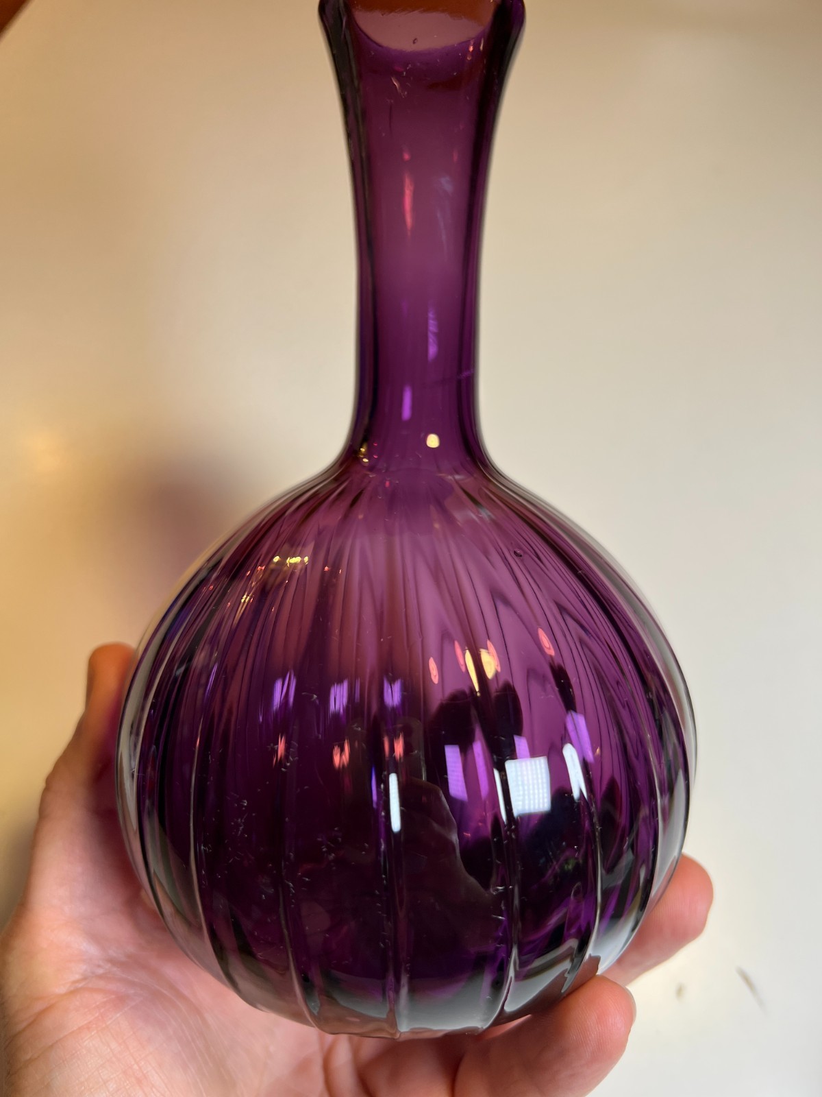 Vintage MFA BOSTON Hand Blown Amethyst Purple Art Glass Vase Ribbed Melon Onion
