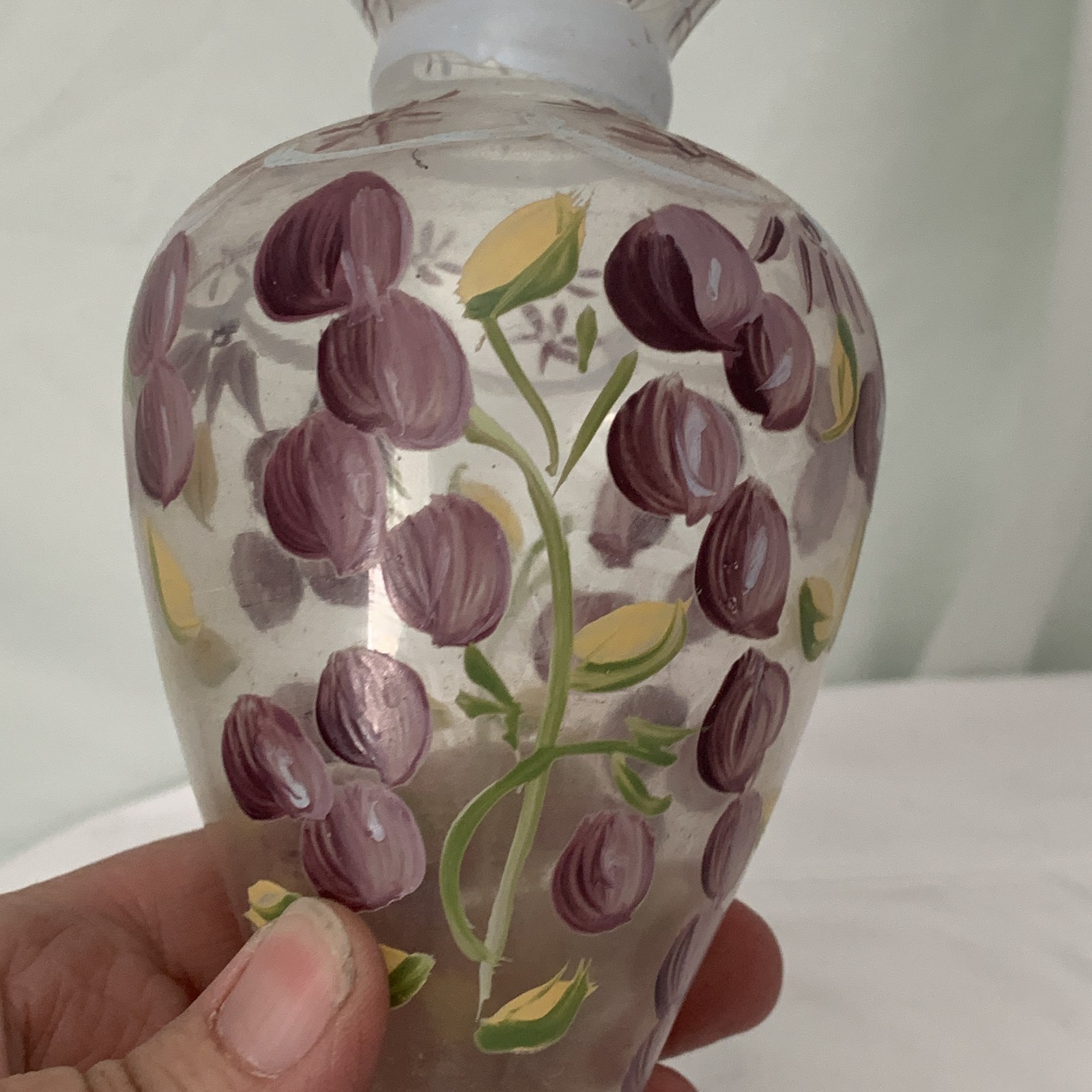 Glass Vase Hand Painted Purple Floral Motif 7.5″ Decorative Home Decor Flowers