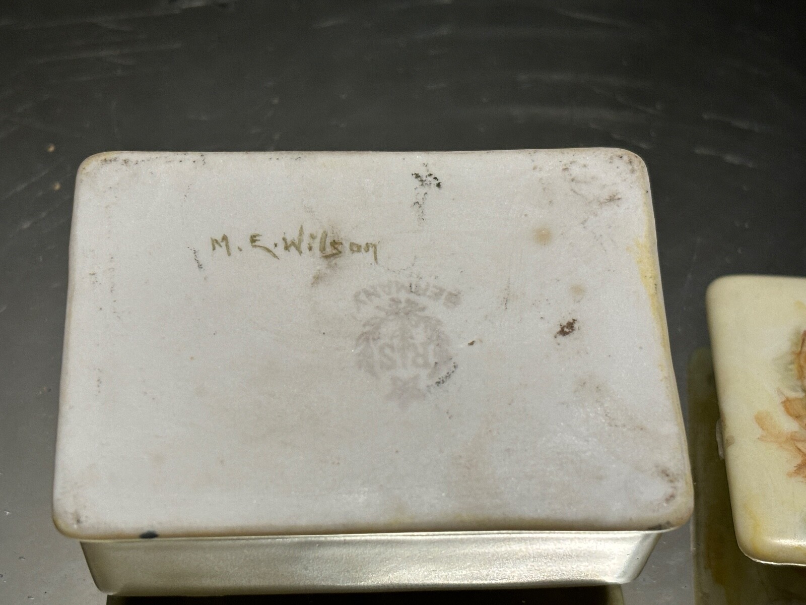 RS Germany Porcelain Stamp Box Vintage Hand Pntd Lid Signed Iridescent Interior