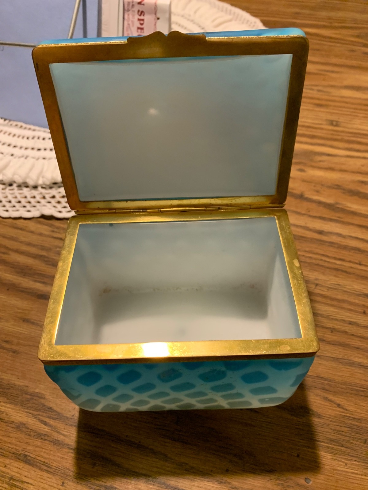 , French Opaline Blue Glass Box Hinged Brass Vintage Jewelry