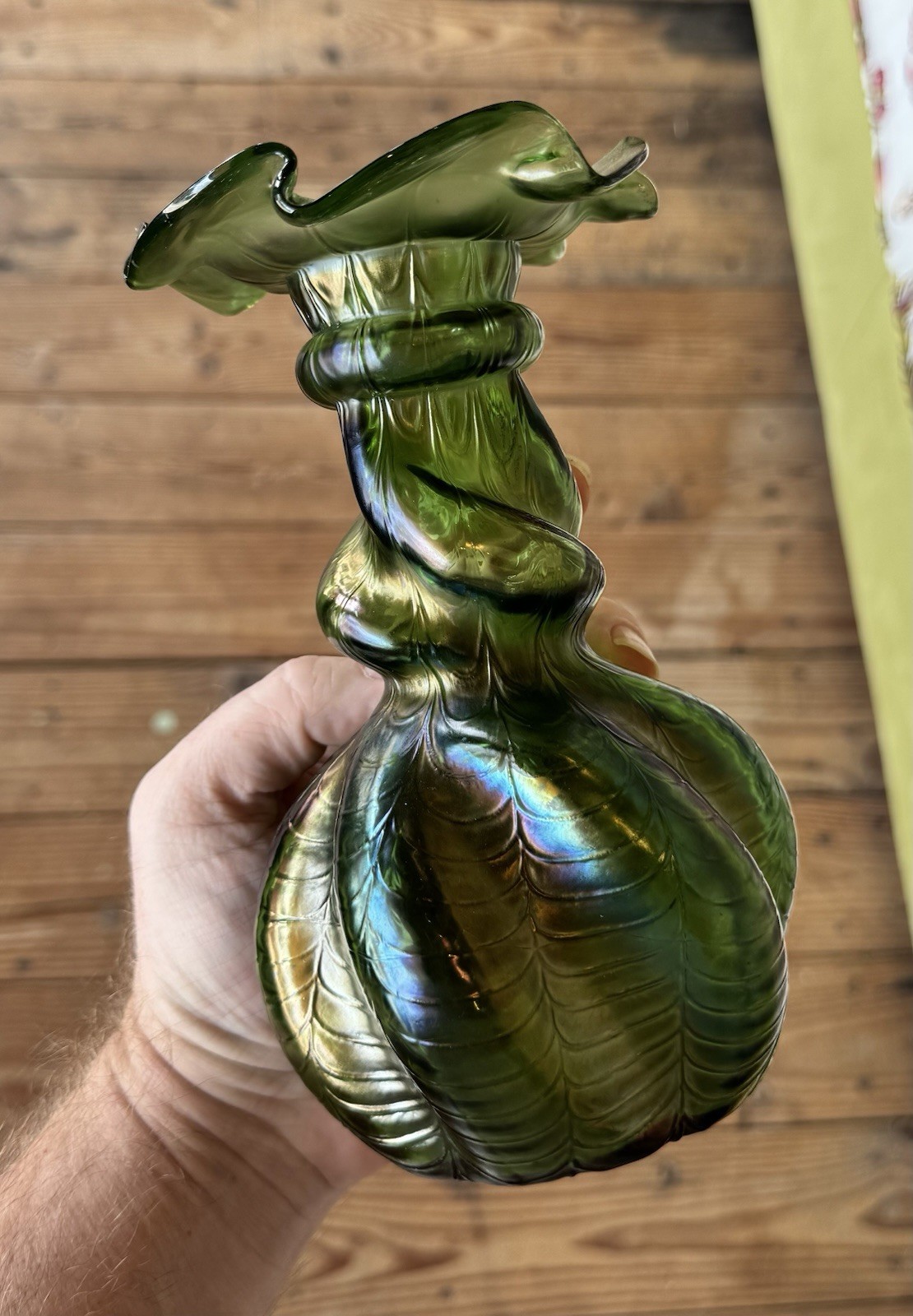 Antique Bohemian Czech Kralik Green Iridescent Art Nouveau Glass Corseted Vase