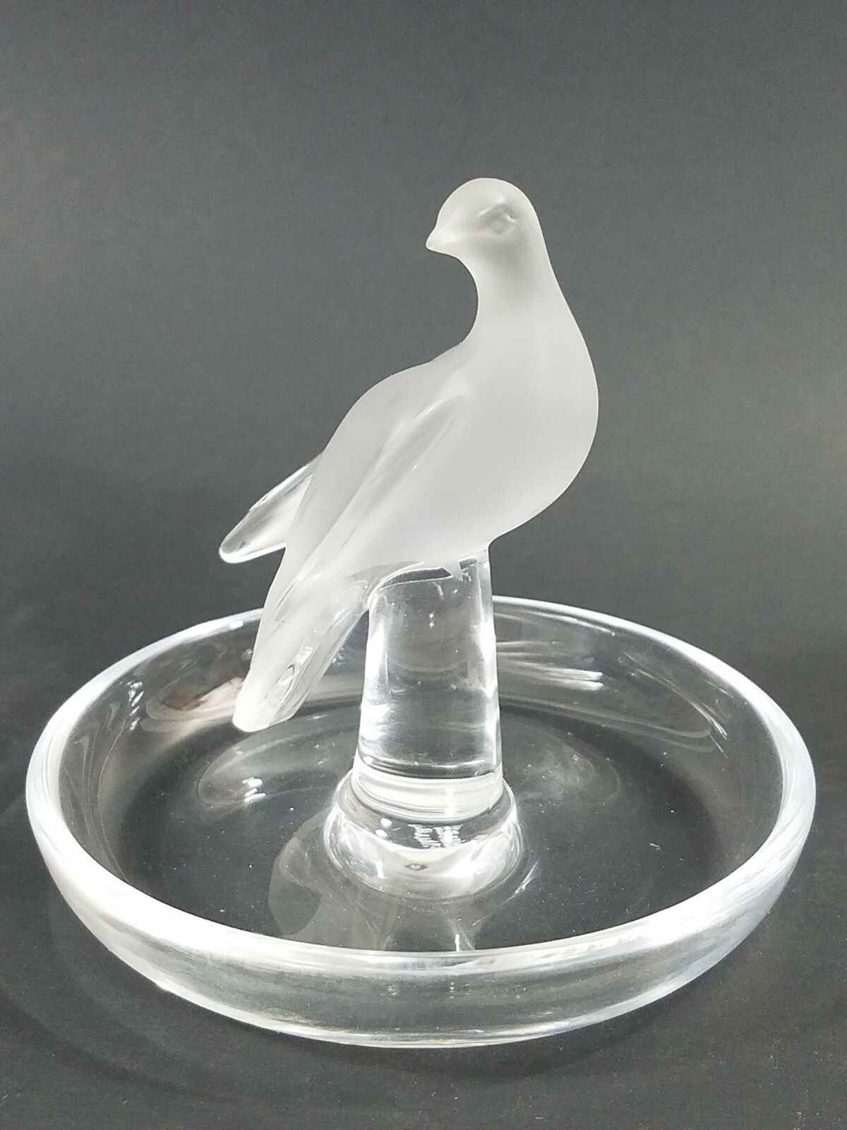 Lalique Crystal Trinket Pin Nut Dish with Love Bird/Dove Figure Motif France