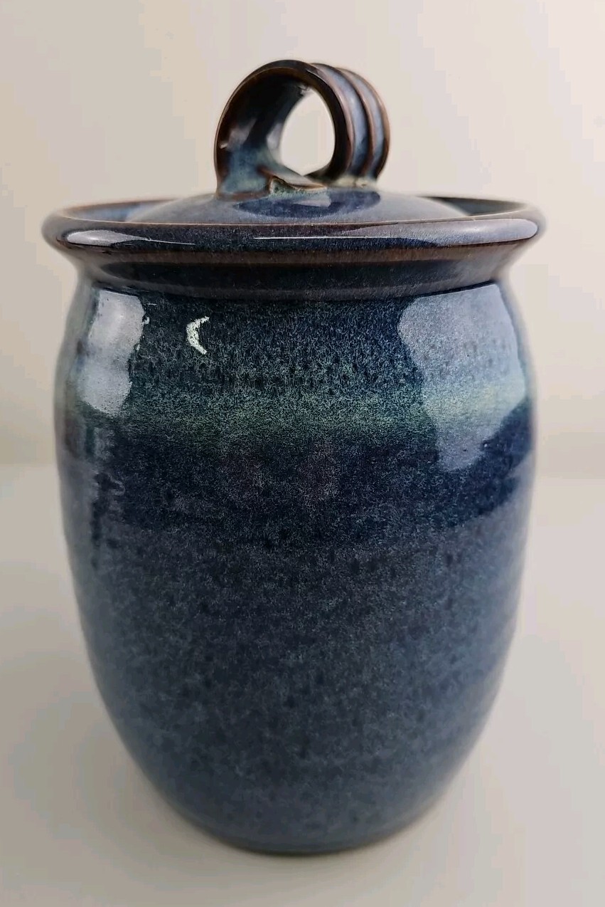 Vintage Studio Art Pottery Cannister Cobalt Blue Shades Artist Signed Marguerite