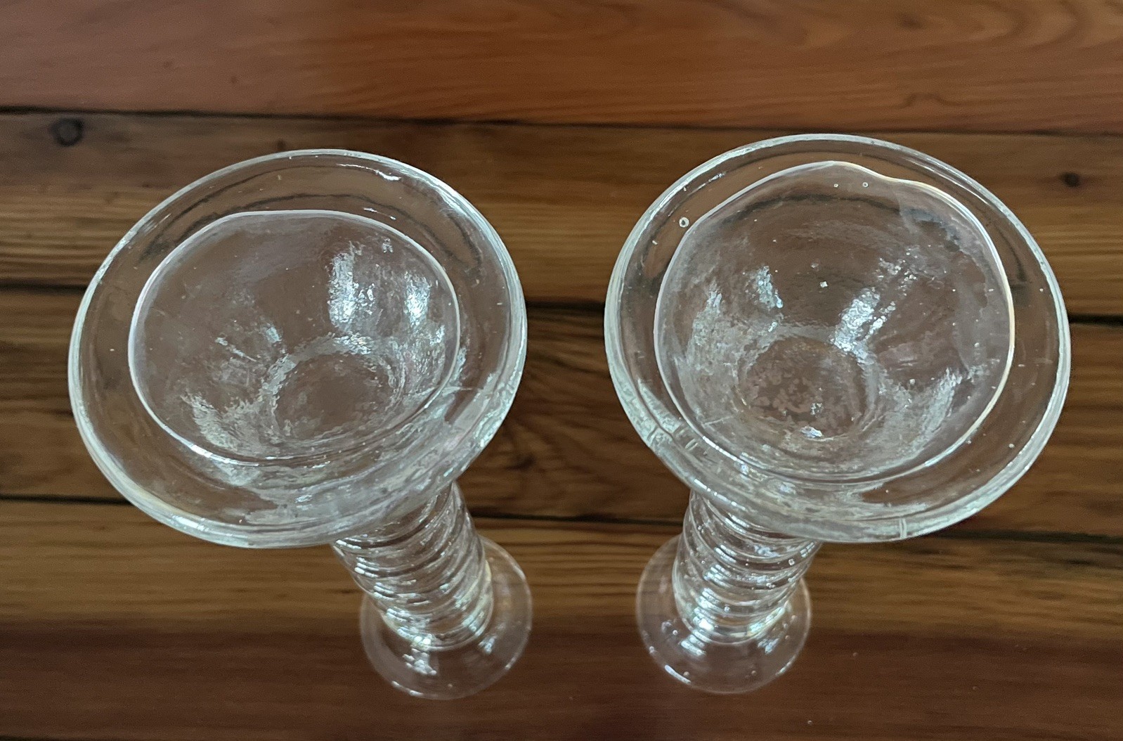 2~Clear Glass Candlestick Holders/Vases Ribbed Column Design 7” Tall