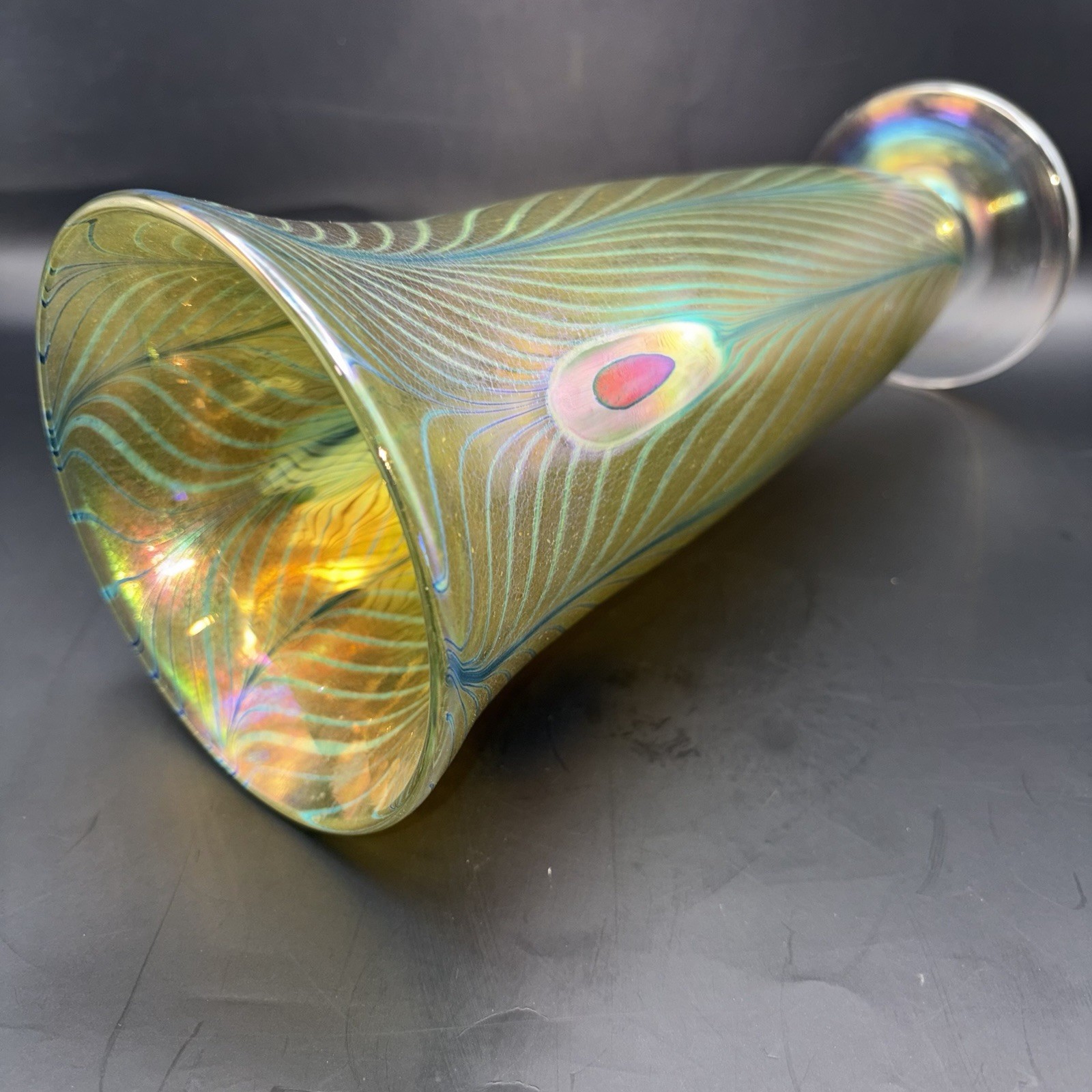 Robert Held Art Glass Vase In An Iridescent “Peacock Feather” Design Signed Rare