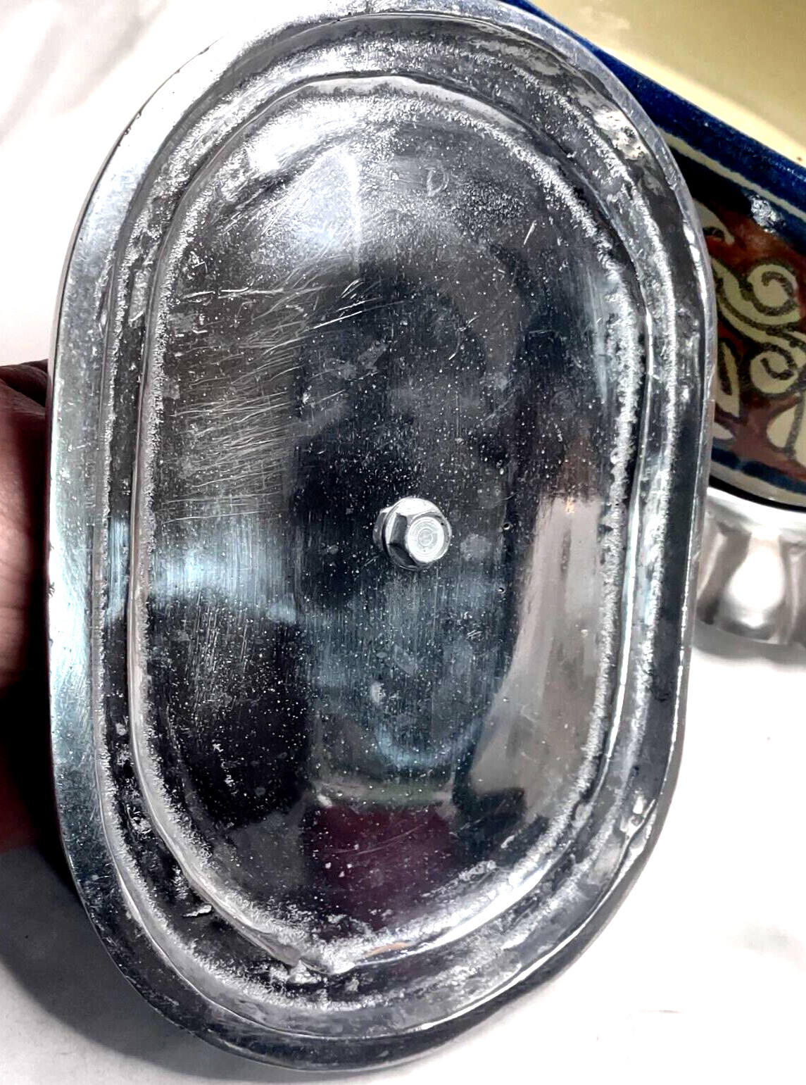 VTG Ceramic Decorative Server Casket Shape Aluminum Lid & Base Mexico Signed