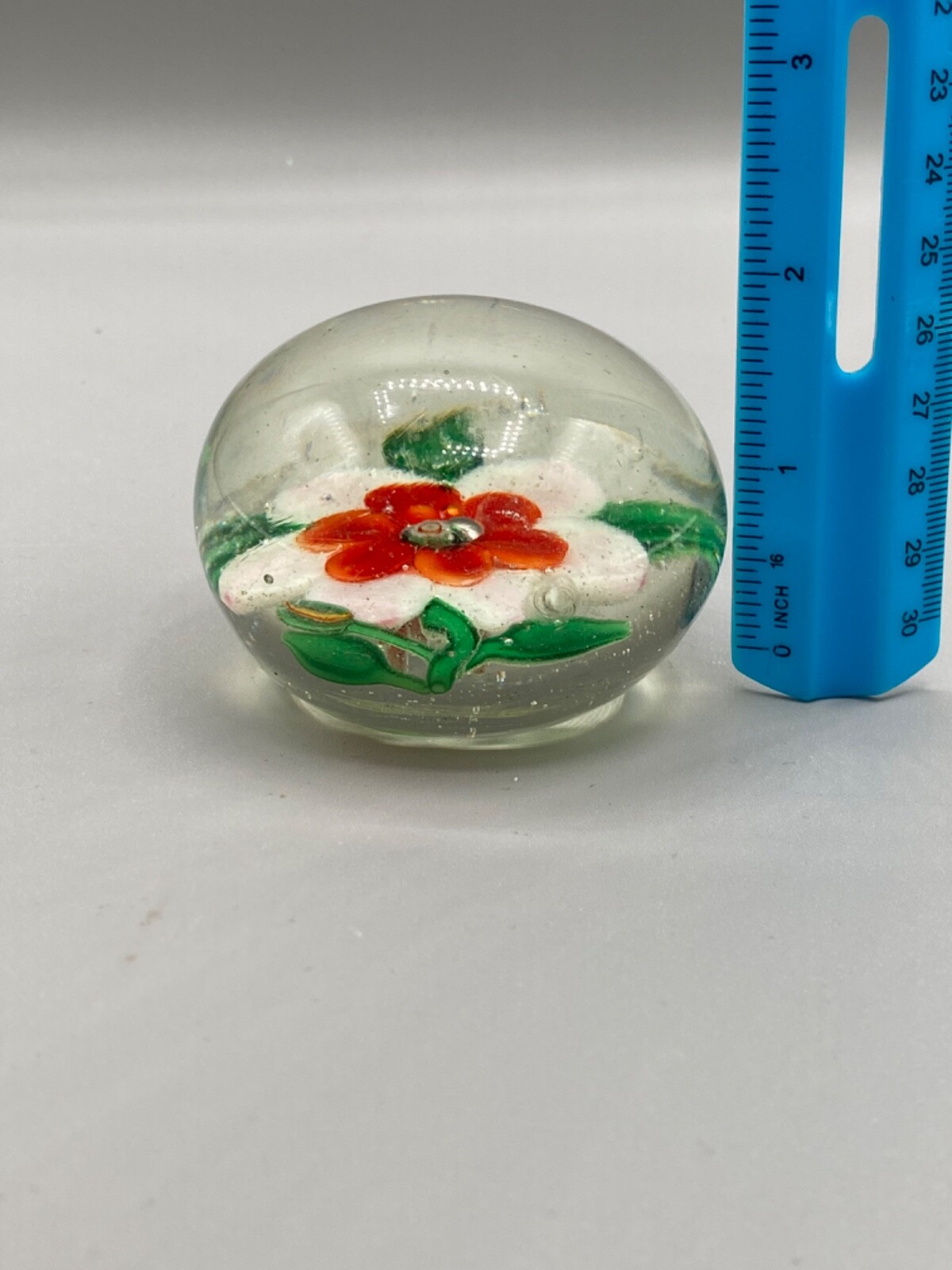 Antique Pink Red CLEMATIS FLOWER BUD Glass Paperweight GLOWS UNDER UV BLACKLIGHT