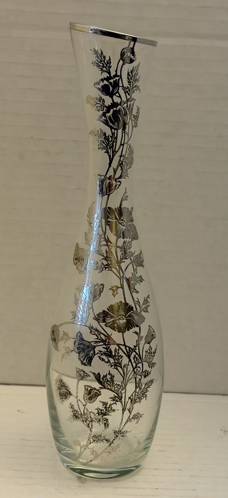 Vintage Glass Bud Vase Silver Overlay Clear Glass Floral Design 10″