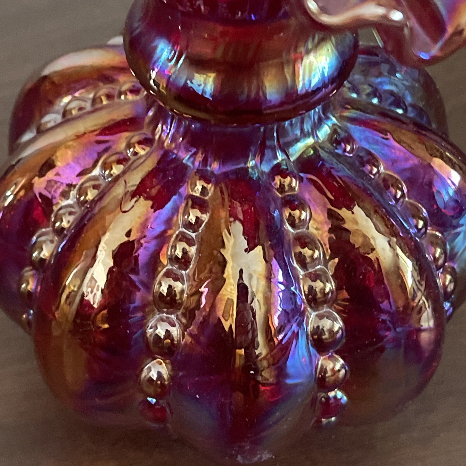 Vintage Fenton Red Carnival Glass Beaded Melon Vase 6″