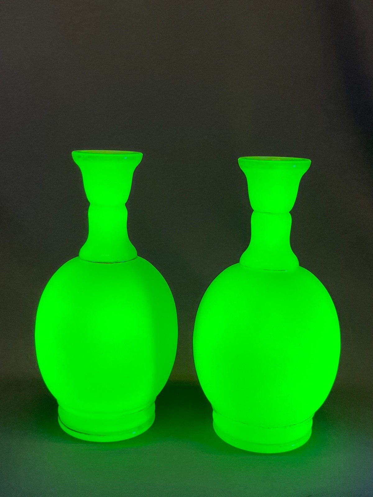 2 ~ 19th C. French Opaline Satin Uranium Glass 9″ Bottle Vases