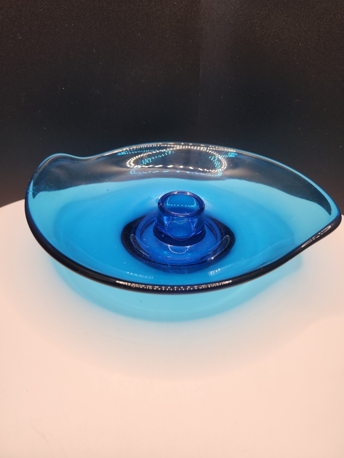 Vintage Viking Mid Century Blue Glass Modern Candle Stick Holder Bowl Epic MCM